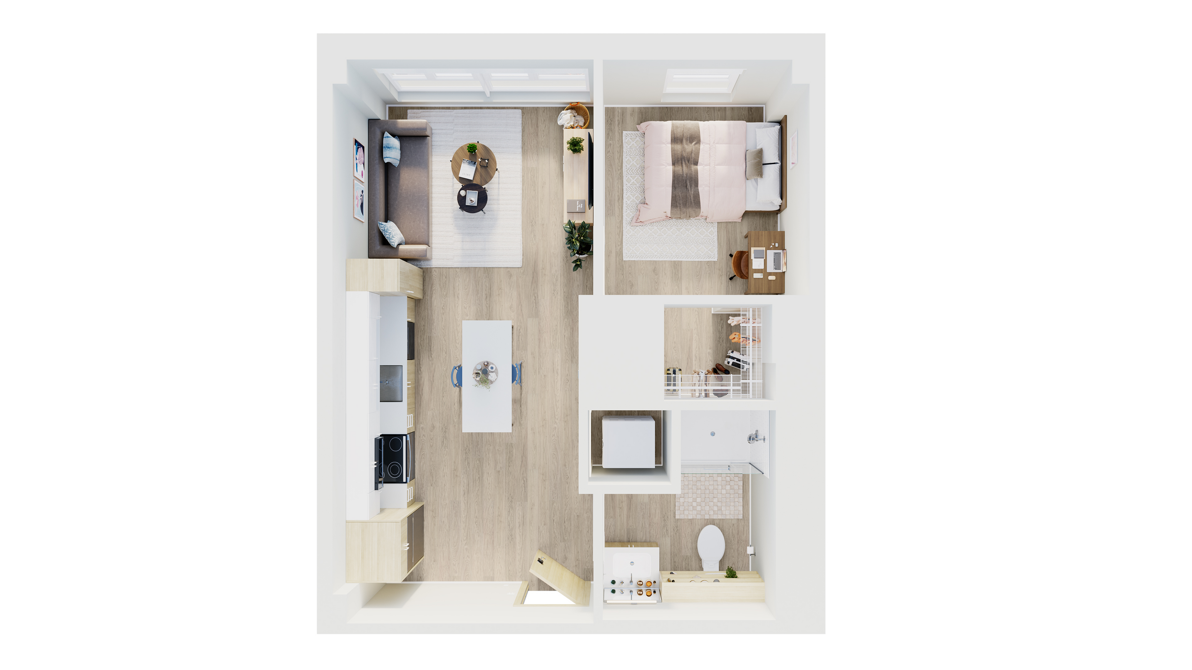 Modern floor plan showcasing a cozy 1-bedroom apartment, featuring a stylish open-concept living area, sleek kitchen, and elegant bathroom.