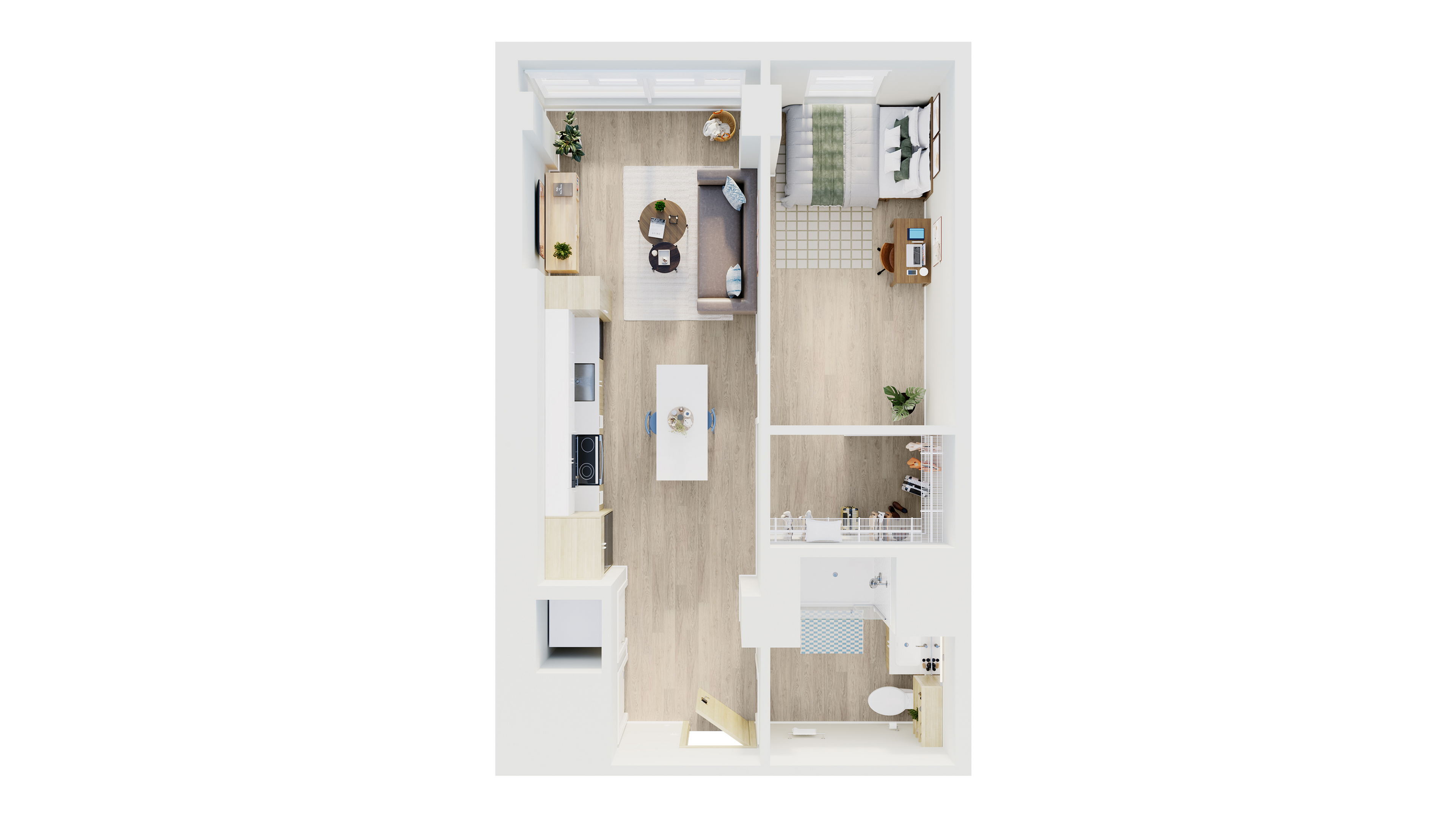 Inviting open-concept floor plan featuring a cozy living area, modern kitchen with island, spacious bedroom, and stylish bathroom.