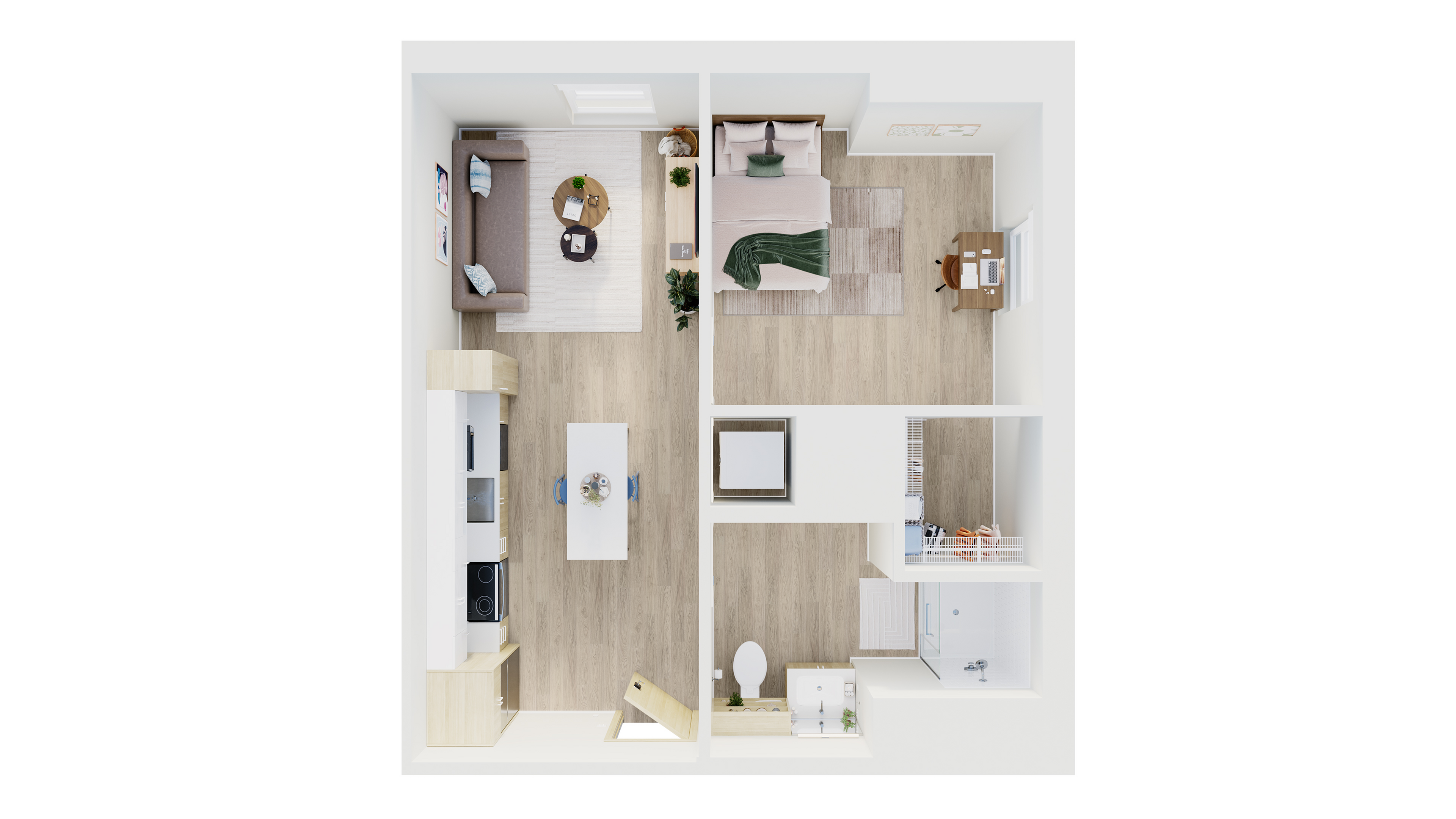 Sleek modern floor plan showcasing a cozy 1-bedroom apartment with an open-concept living area, stylish kitchen, and chic bathroom.