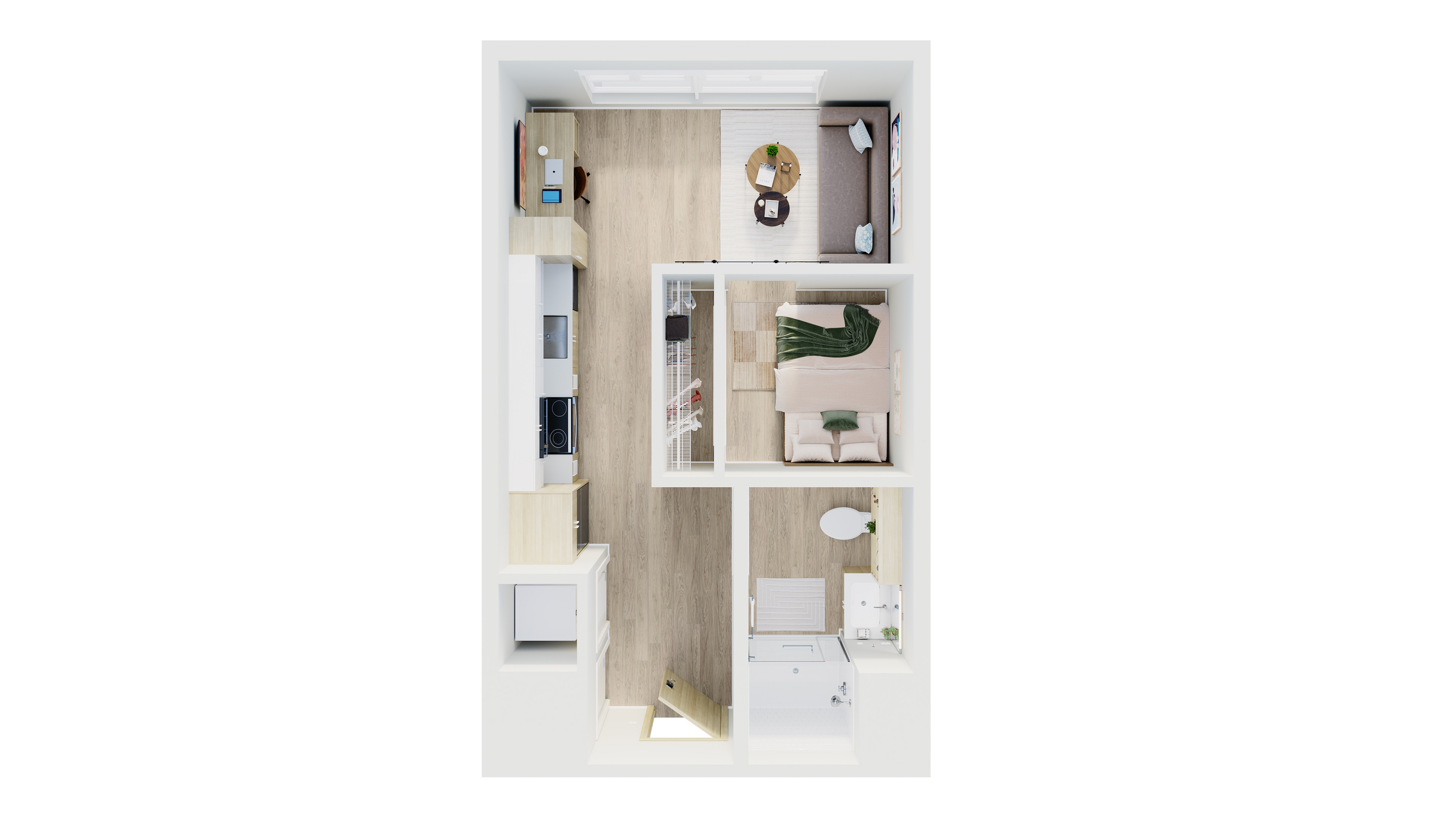 Modern 2D floor plan showcasing an inviting one-bedroom layout with a cozy living area, sleek kitchen, and well-appointed bathroom, perfect for stylish urban living.