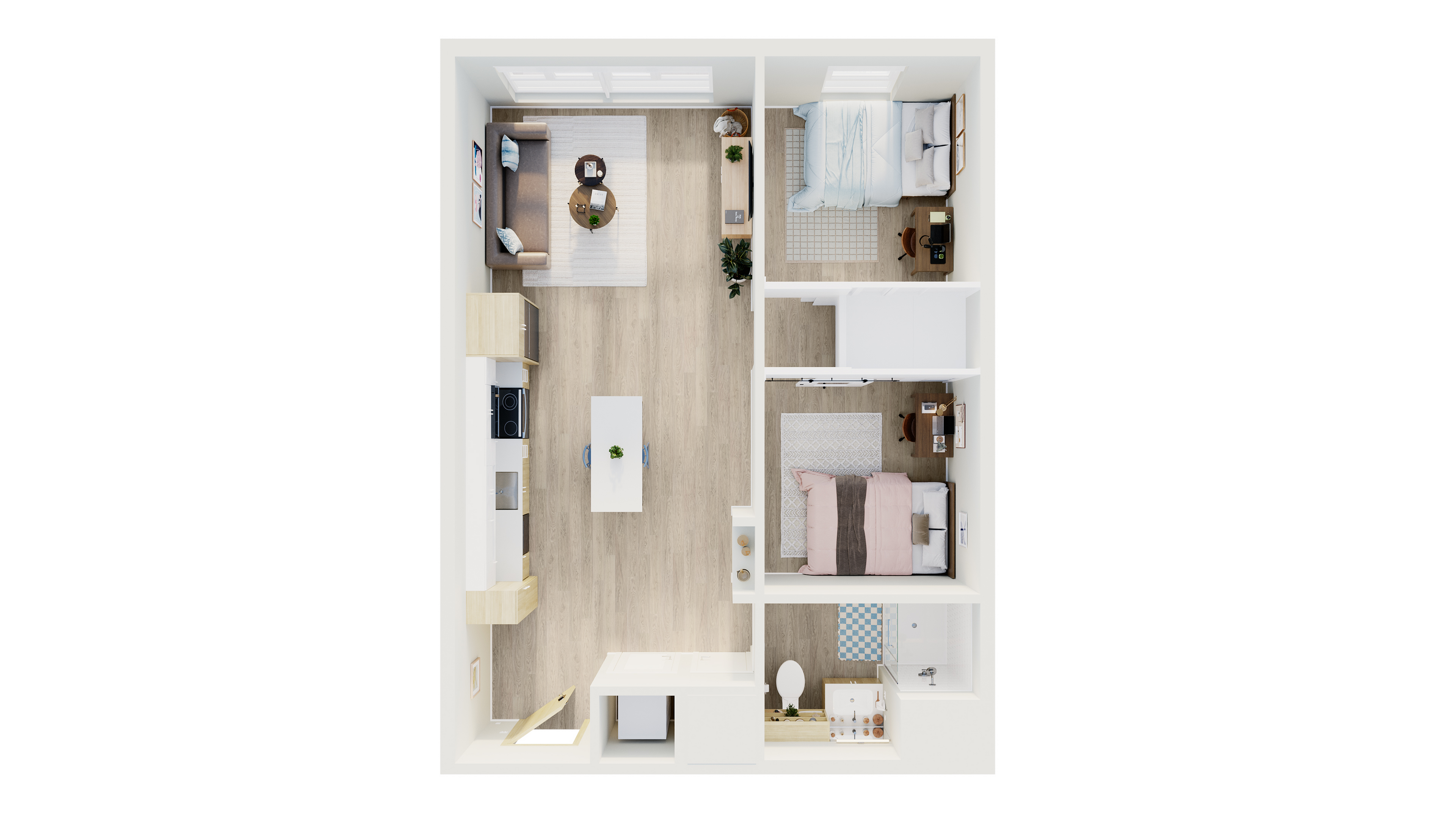 Modern apartment floor plan featuring 2 cozy bedrooms, an open-concept kitchen with a central island, and a stylish living room area.