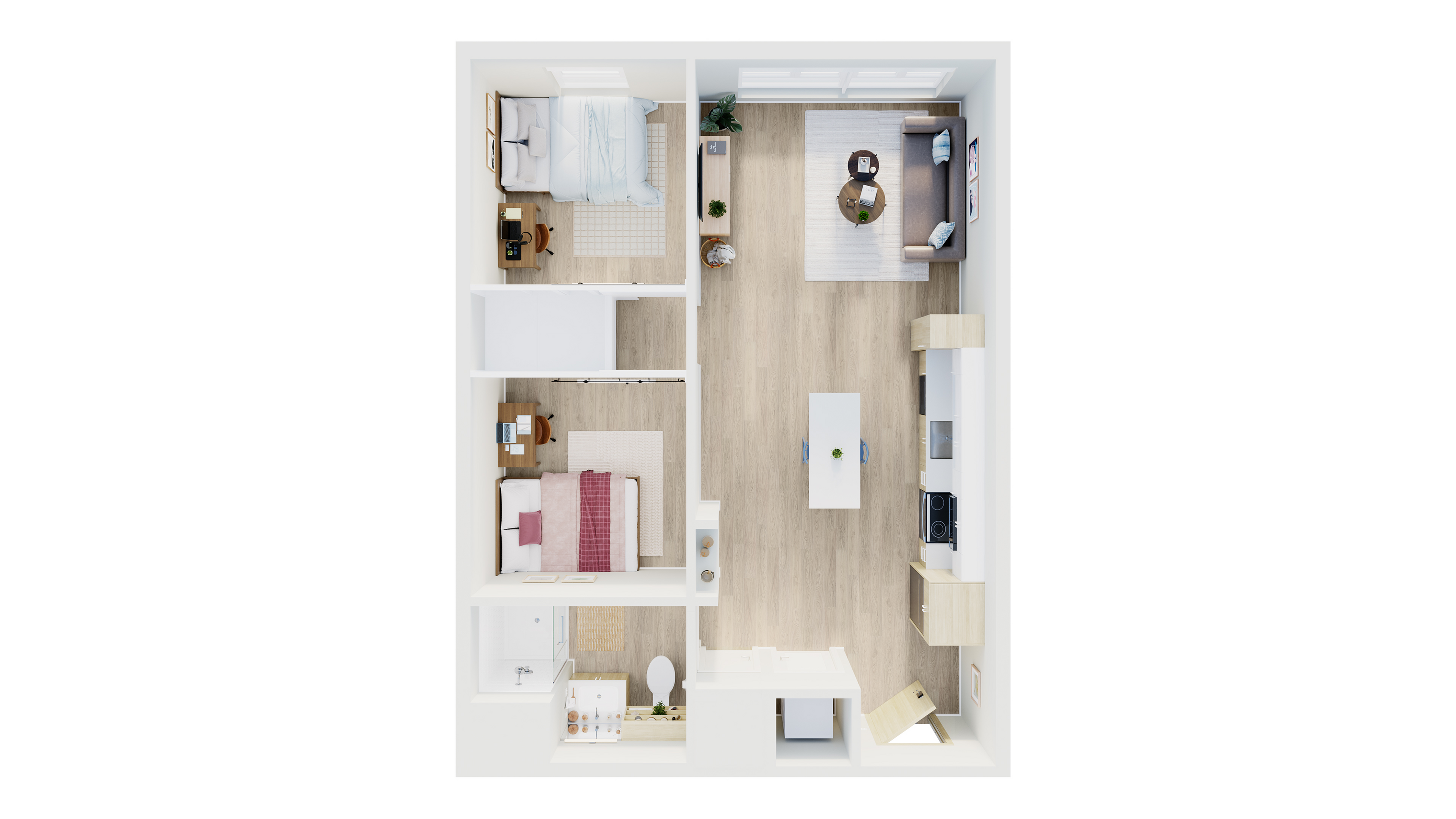 Contemporary 2D floor plan showcasing two cozy bedrooms, a stylish open-plan living area, and a modern kitchen with sleek countertops.