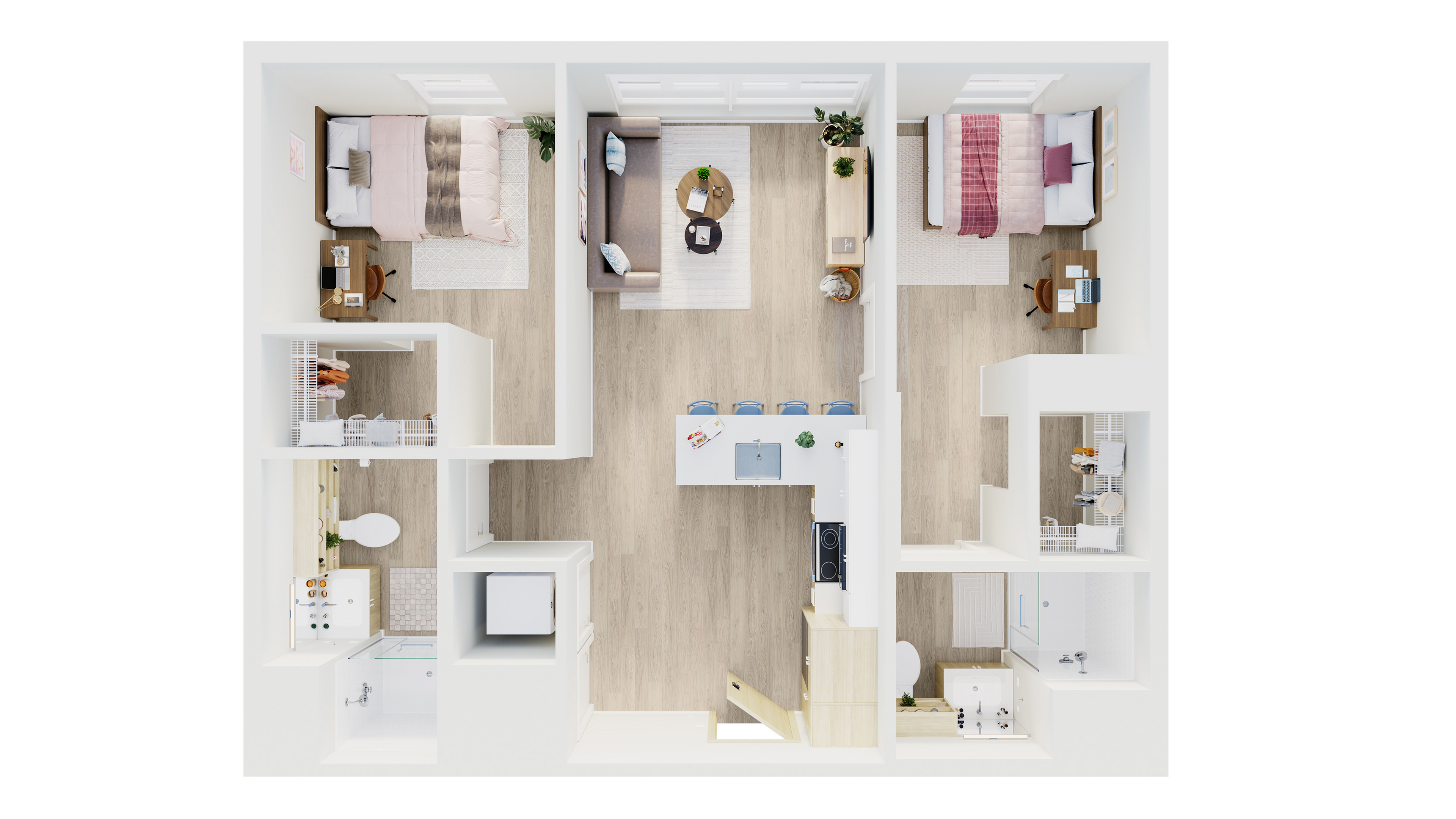 Modern 3D apartment floor plan featuring two spacious bedrooms, a stylish open-concept kitchen with breakfast bar, and a welcoming living area.