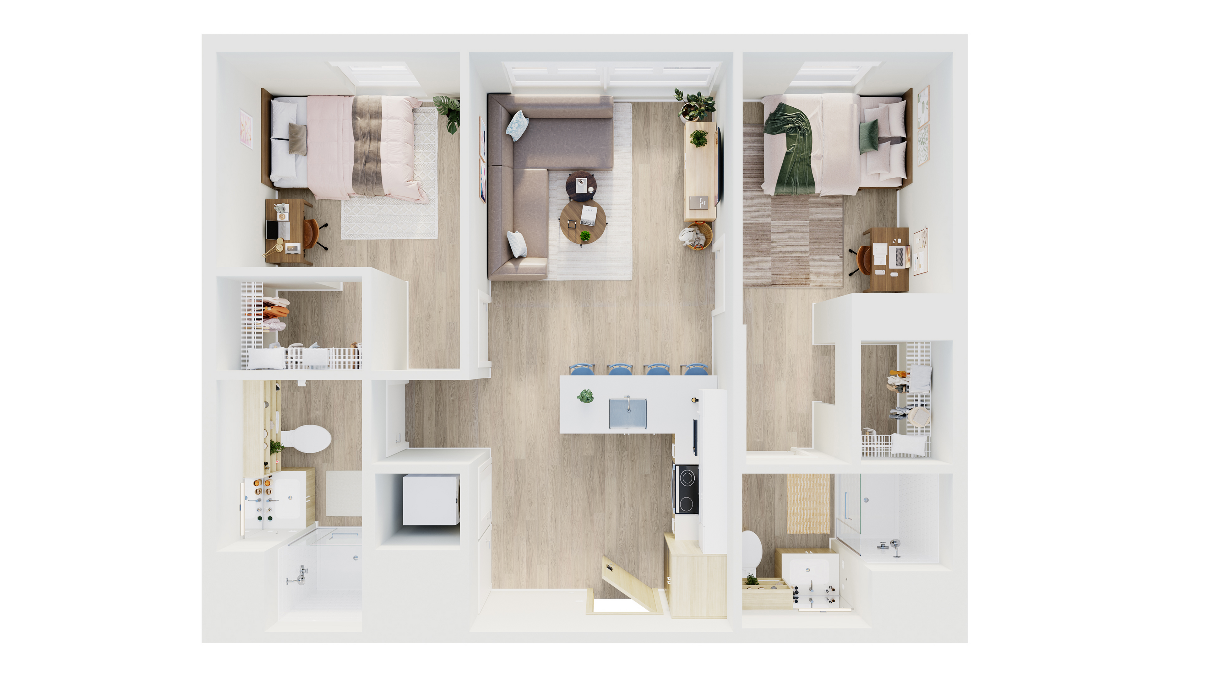 Modern 2D floor plan featuring 2 bedrooms, an inviting open-concept living space, and a sleek kitchen with island seating.