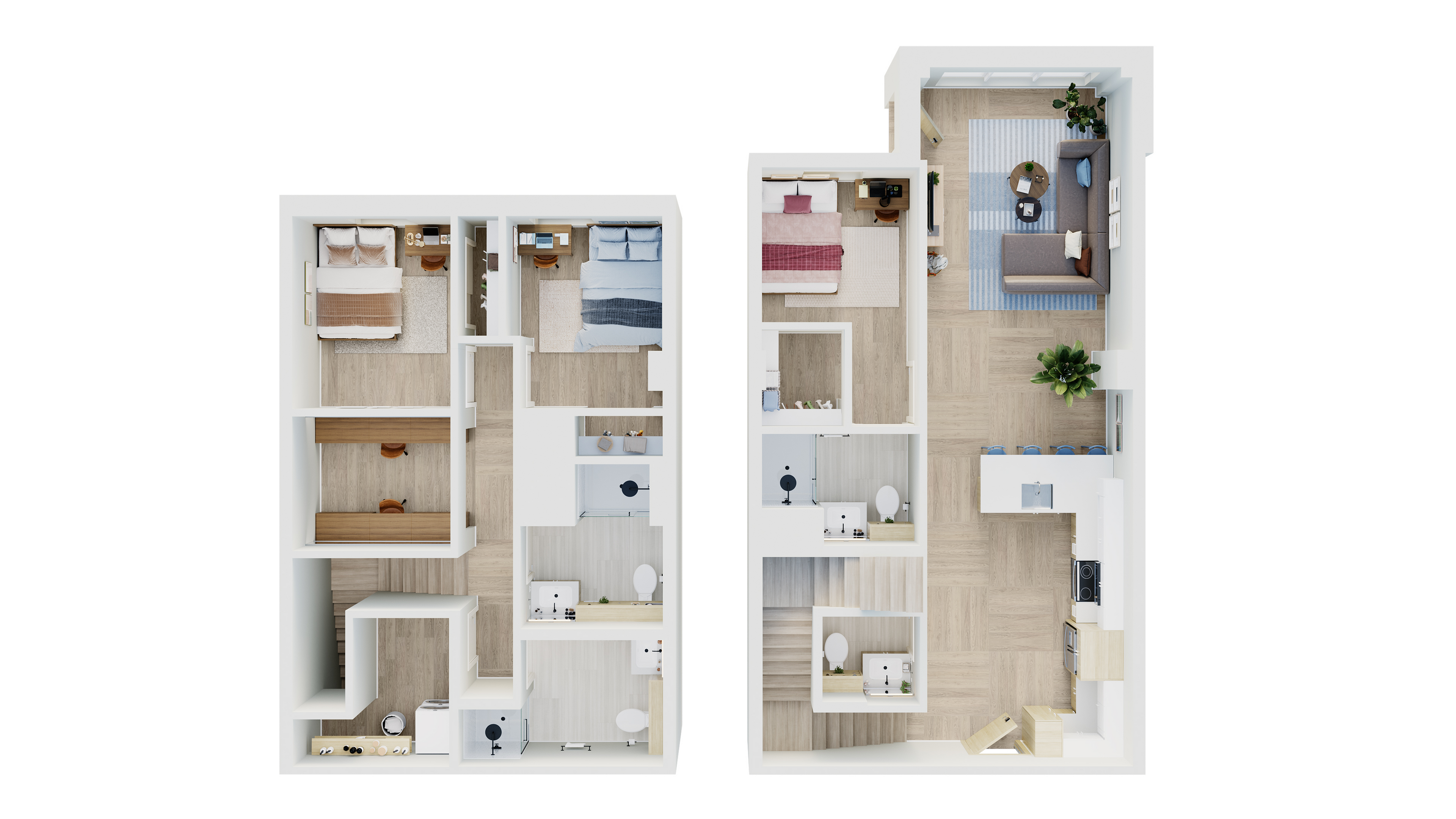 Modern 3D floor plan showcasing a two-story apartment with three stylish bedrooms, a sleek open-concept kitchen, and a cozy living area enriched with natural light.