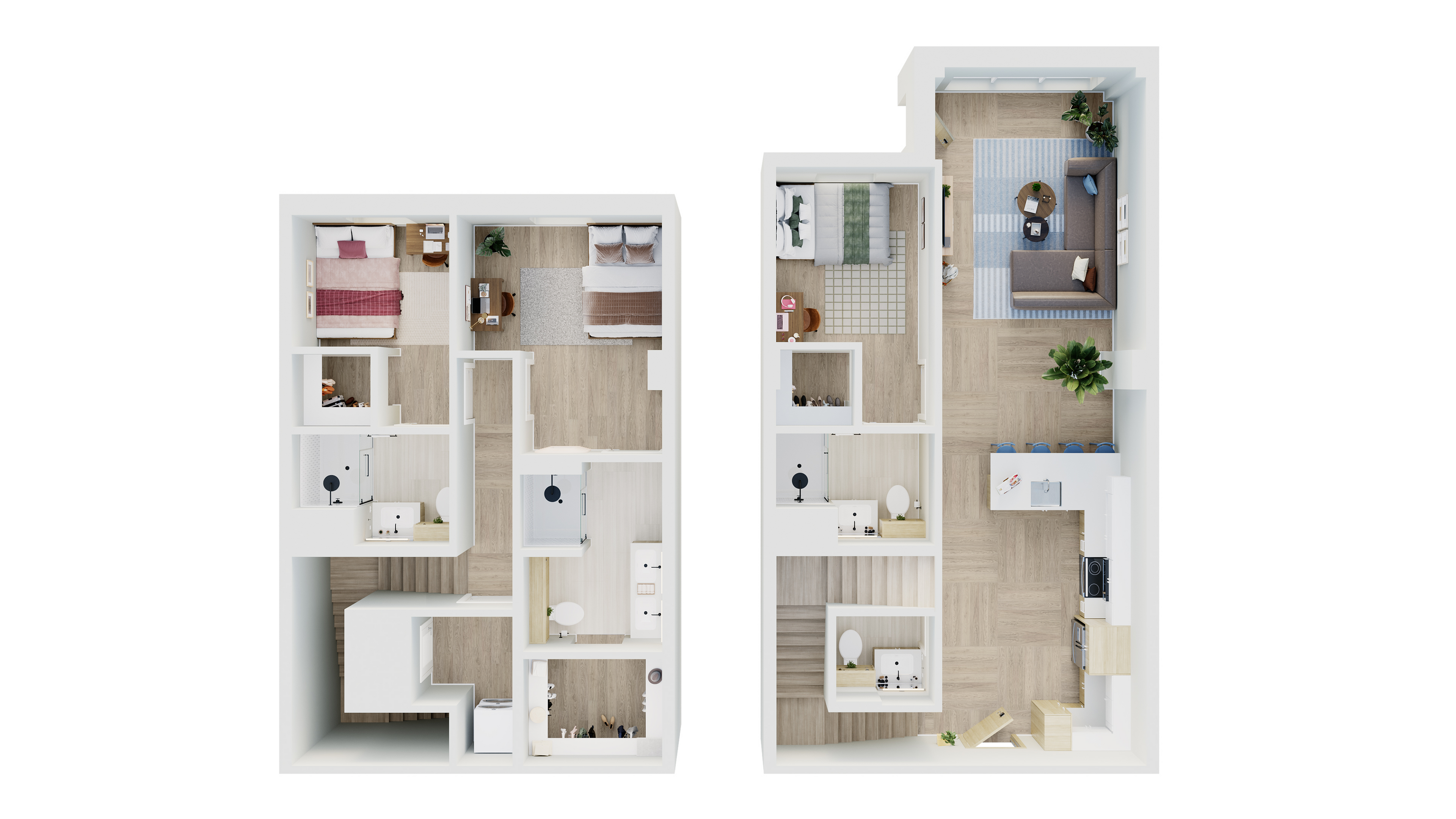 Modern two-level floor plan showcasing three spacious bedrooms, a welcoming open-plan living area, and a sleek kitchen with a breakfast bar.