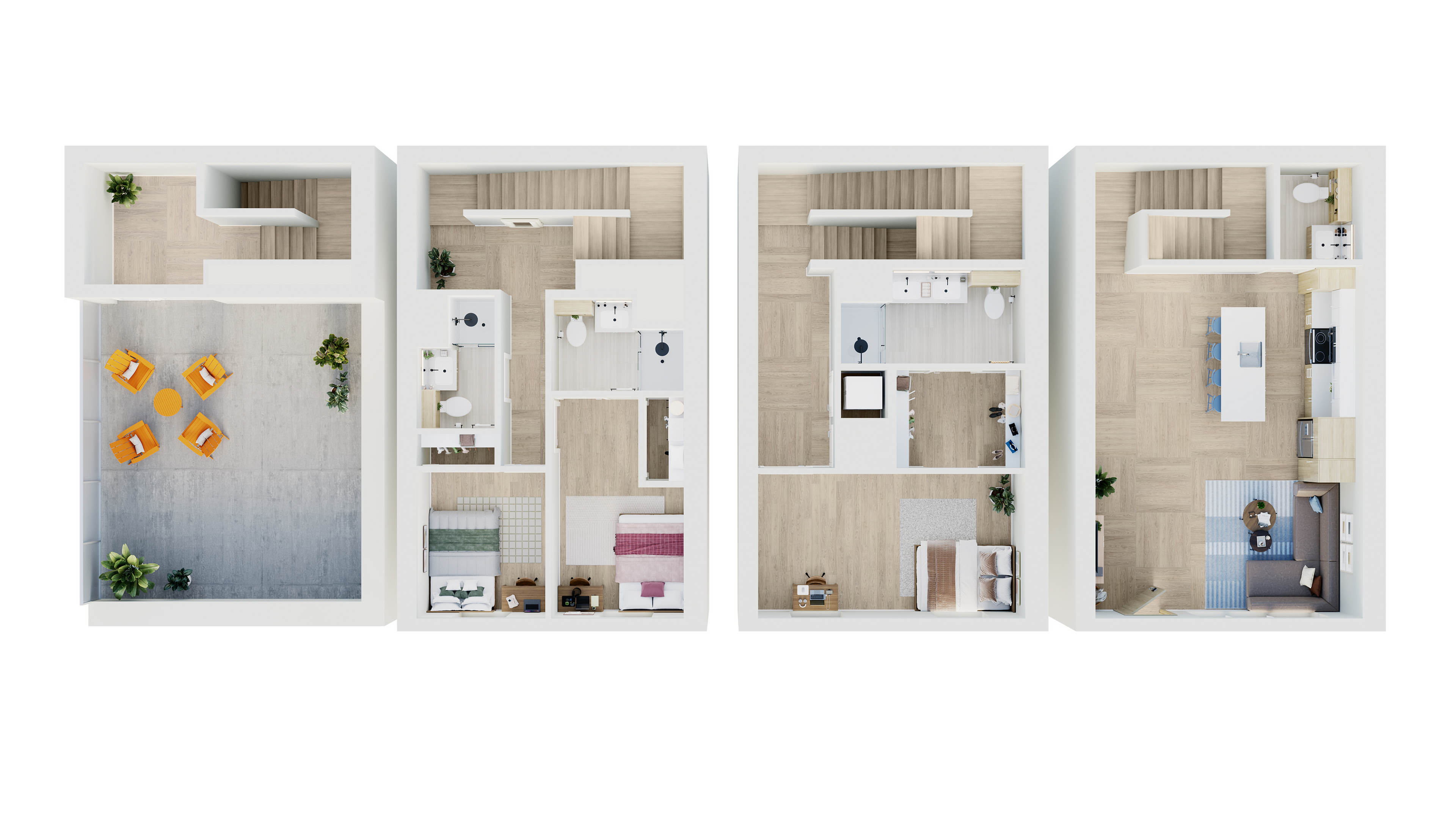 Modern 3D floor plan showcasing a spacious home with three bedrooms, a stylish open-floor living area, and a large outdoor terrace with seating.