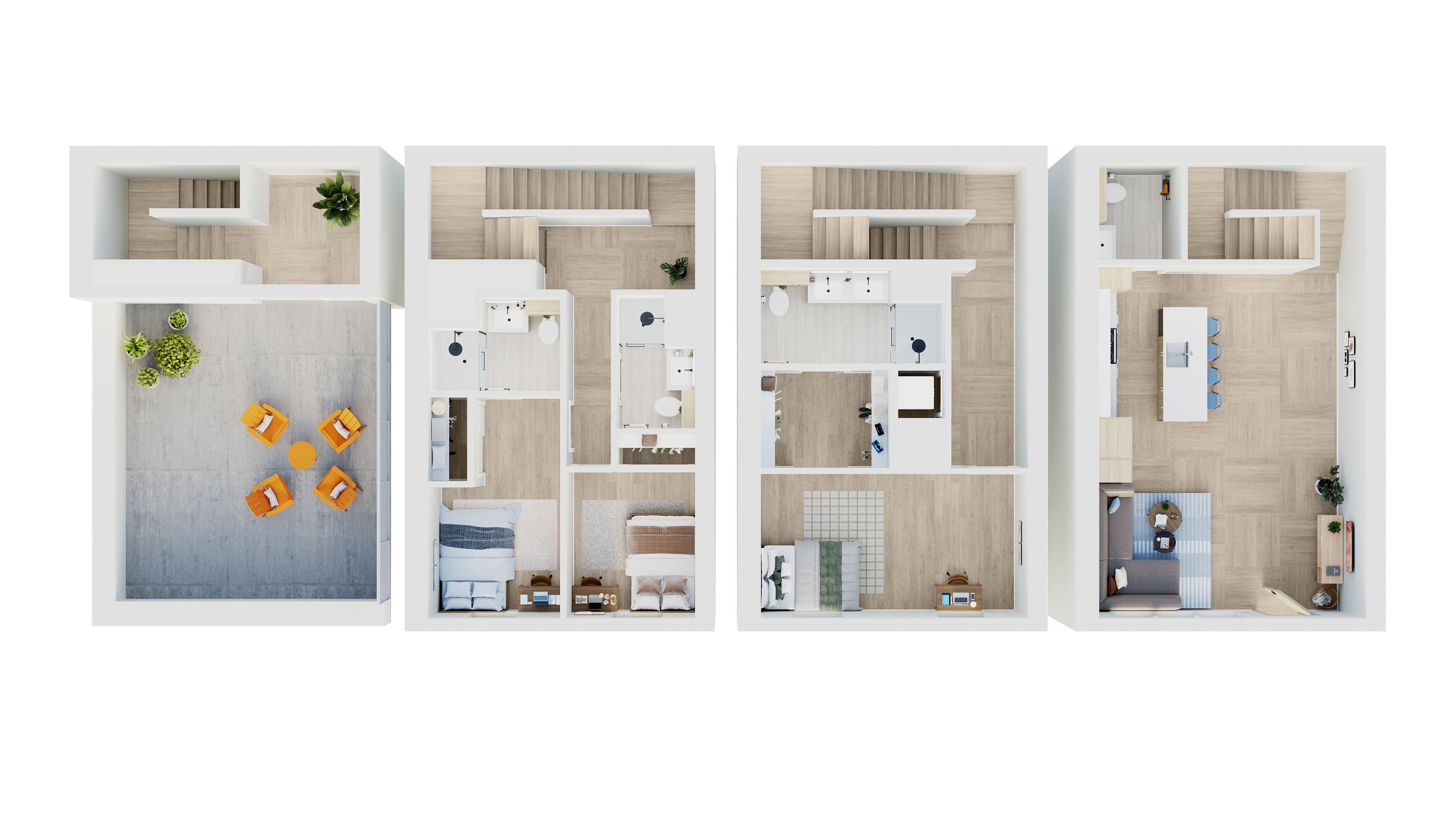 Elegant 3D floor plan showcasing three bedrooms, a modern kitchen, spacious living area, and a chic outdoor patio with vibrant seating.