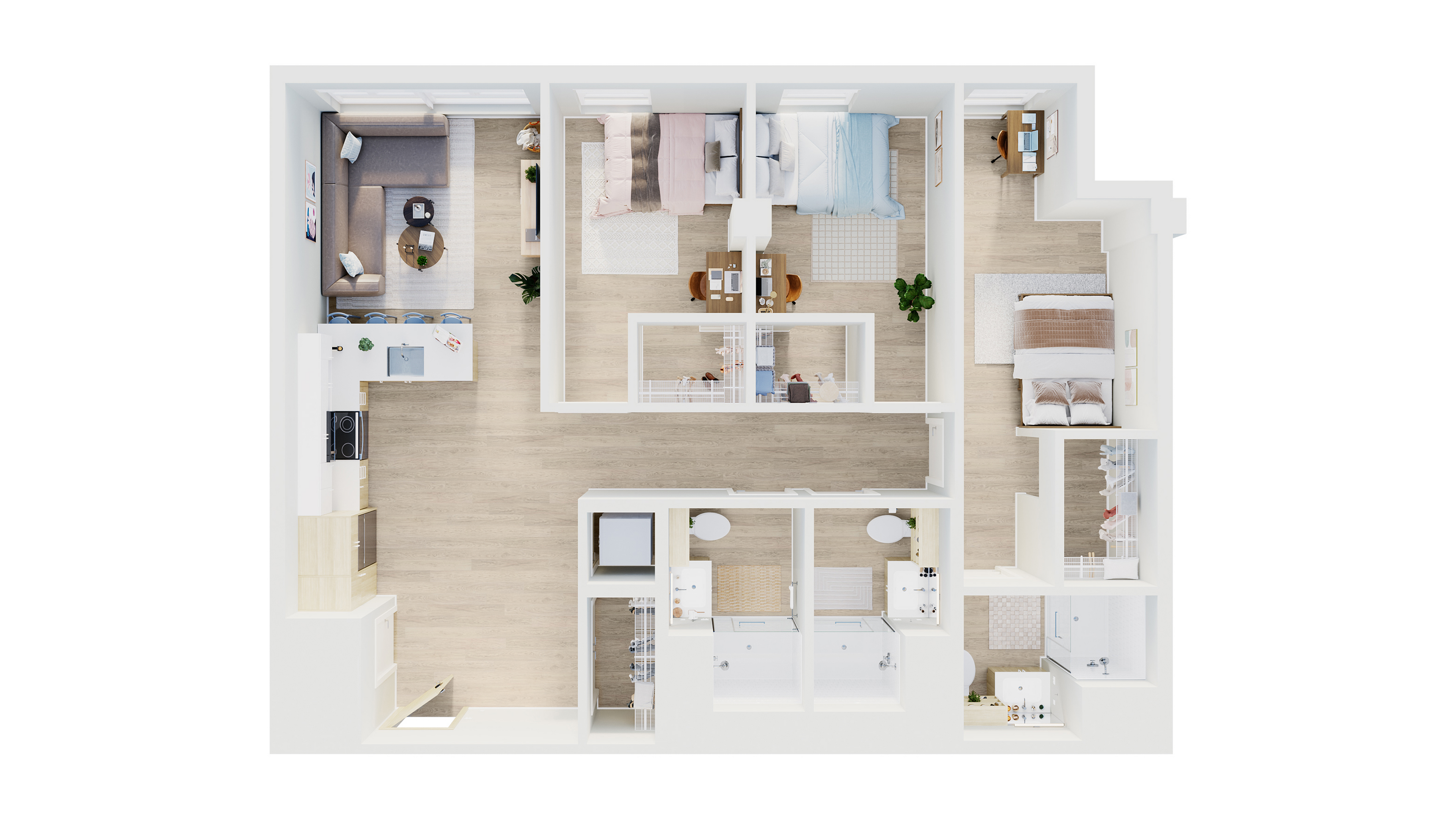 Spacious 3-bedroom apartment floor plan with modern open-concept living and dining area, two stylish bathrooms, and a cozy kitchen.
