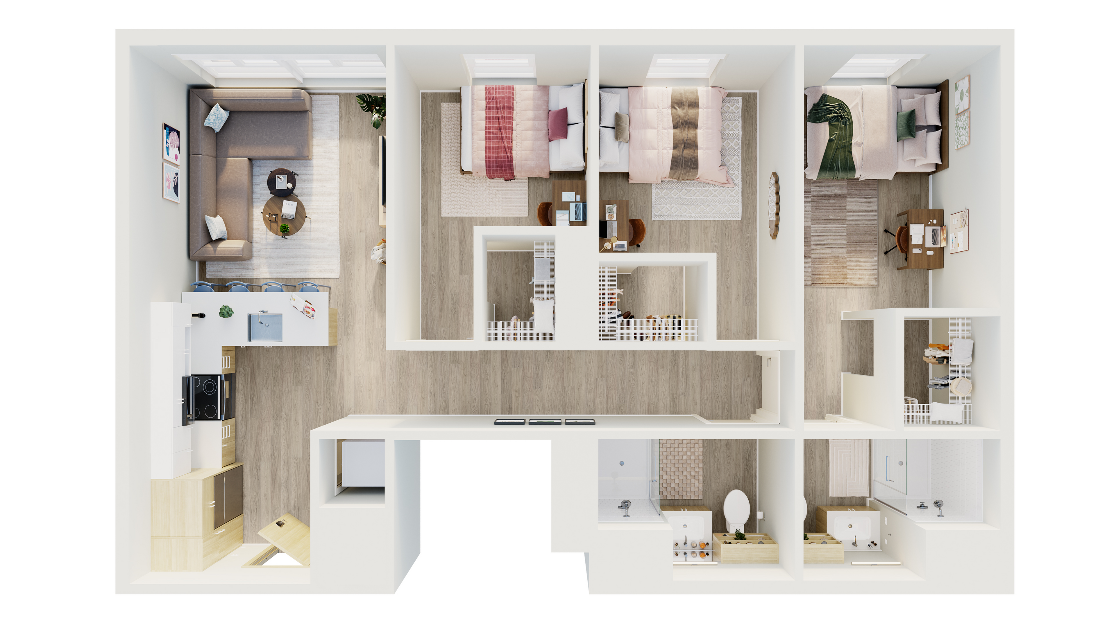 Contemporary 3-bedroom apartment floor plan featuring a cozy living area, two stylish bathrooms, and a modern kitchen with a breakfast bar.