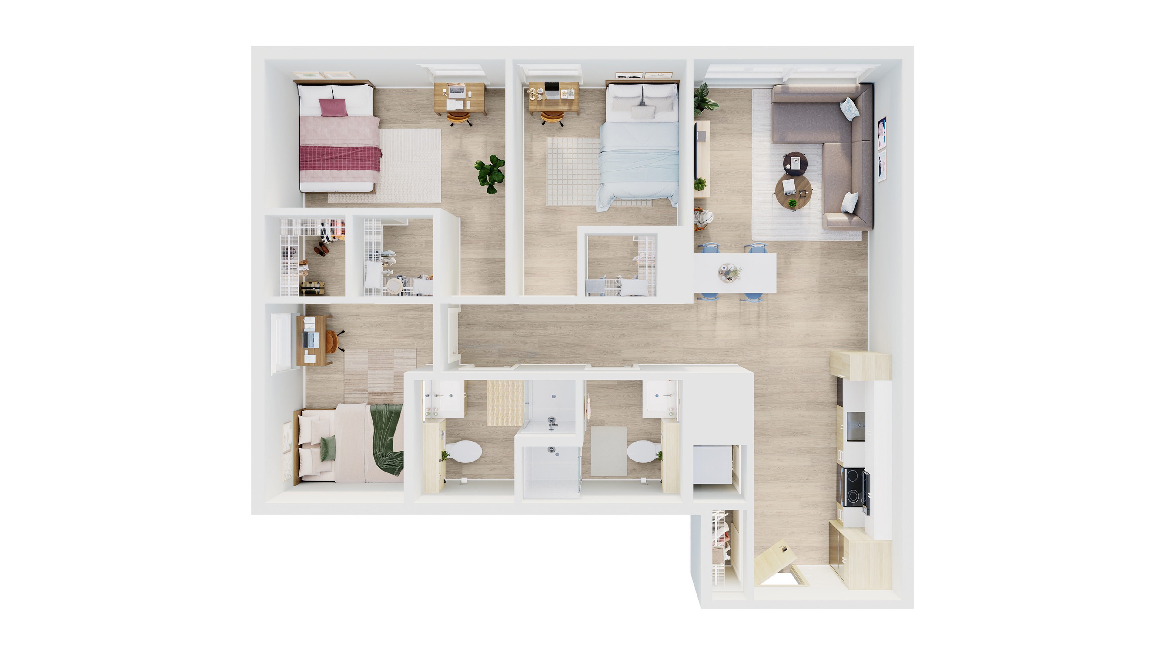 Modern 3D floor plan showcasing 3 bedrooms, a spacious open living area, and a contemporary kitchen.