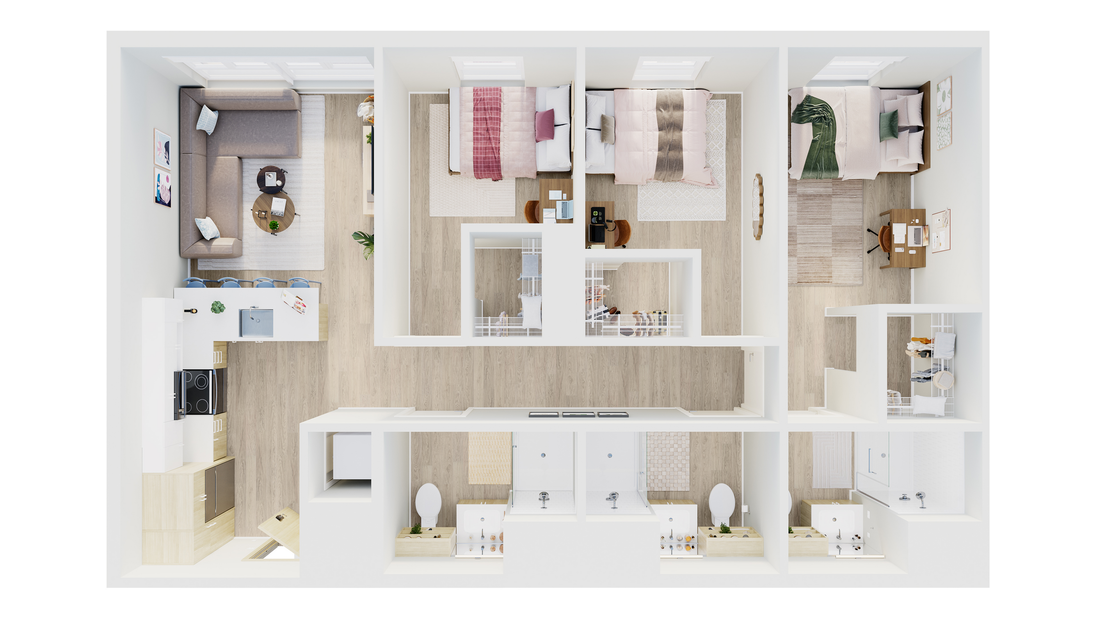 Modern 3-bedroom apartment floor plan featuring an open-concept living area, elegant kitchen, and two stylish bathrooms.
