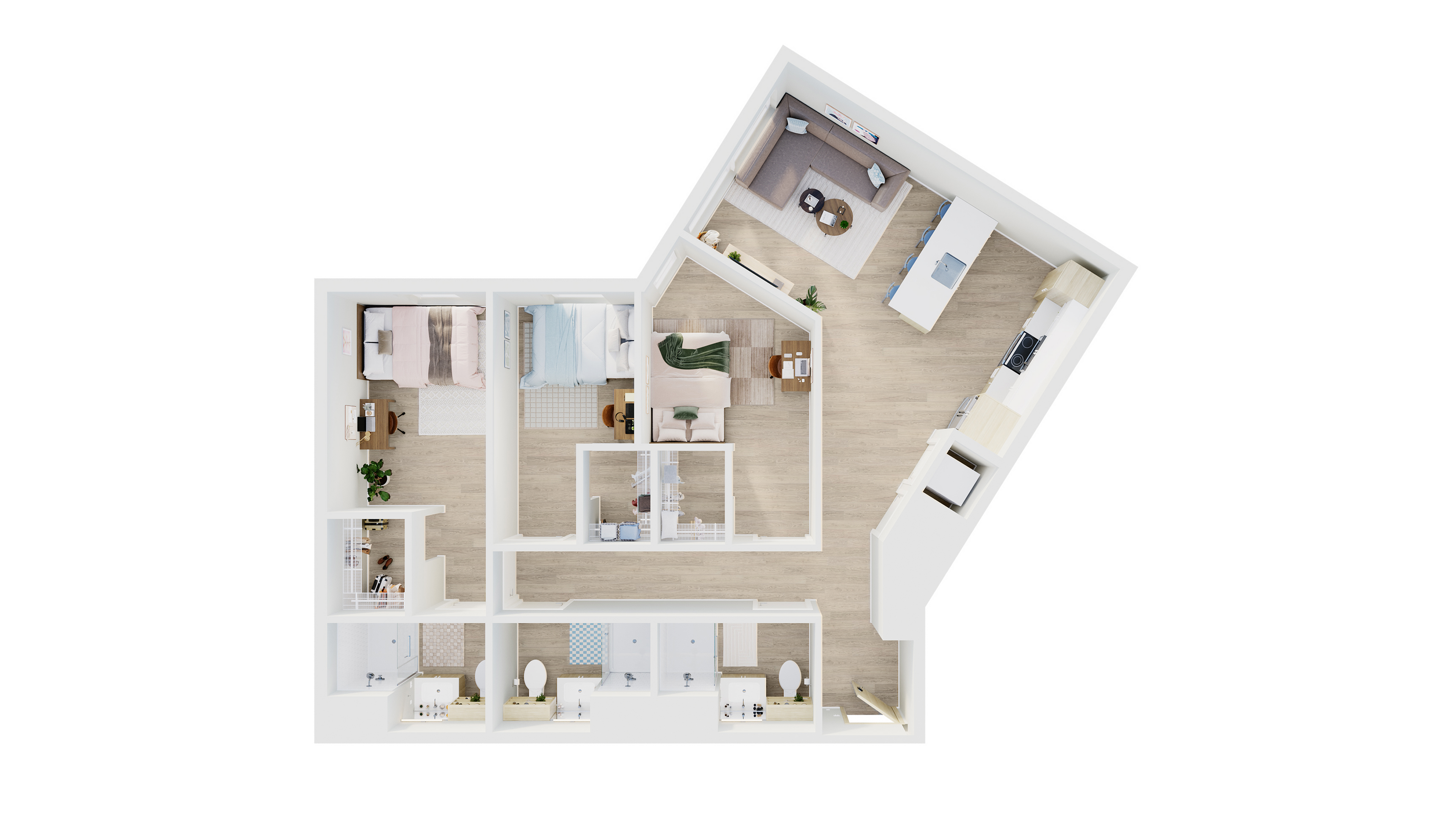 Modern 2D floor plan showcasing 3 bedrooms, an inviting open-concept living room, and a sleek kitchen space.