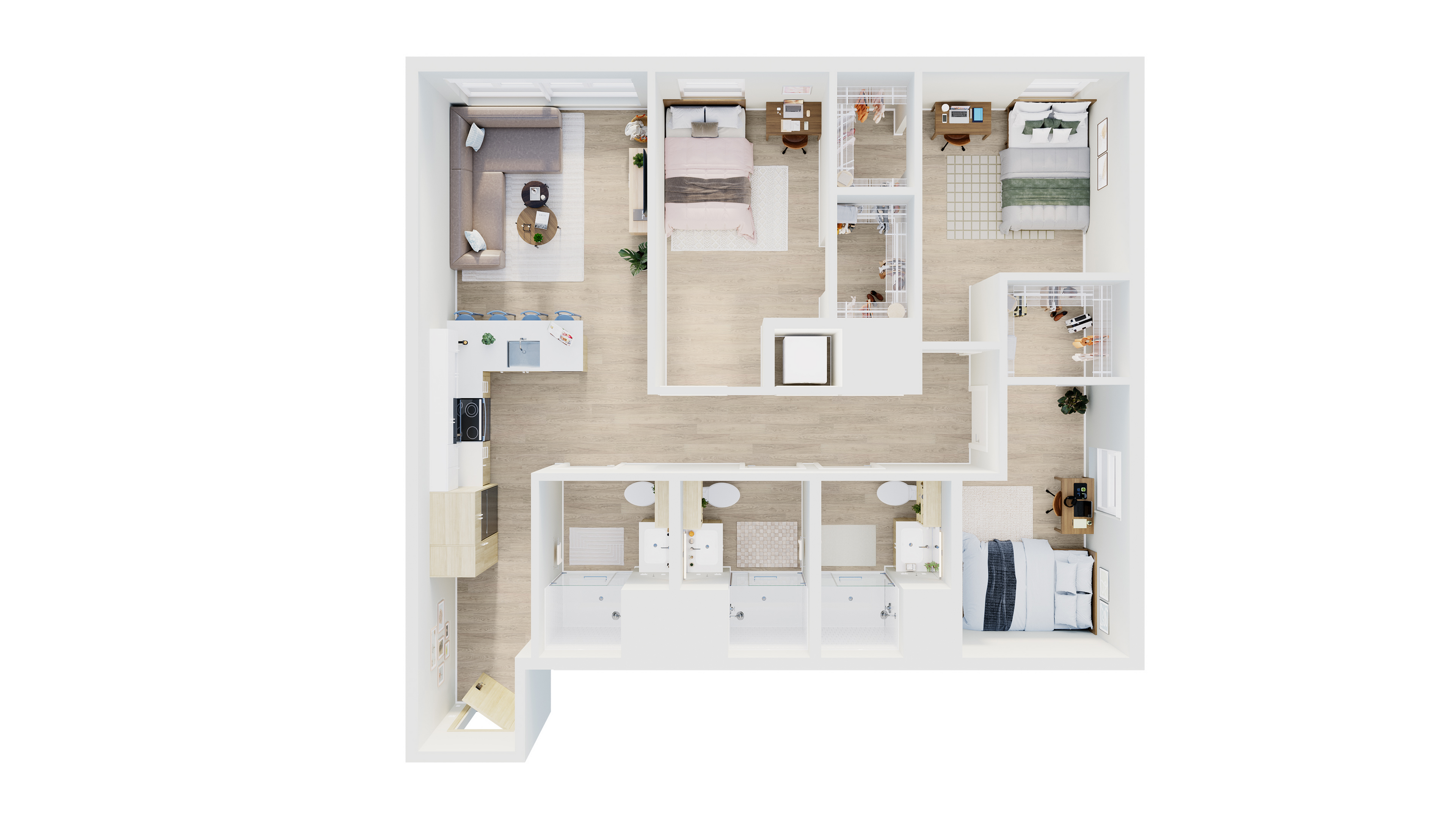 Modern 3D floor plan showcasing 3 bedrooms, stylish kitchen, open living area, and ample storage space.