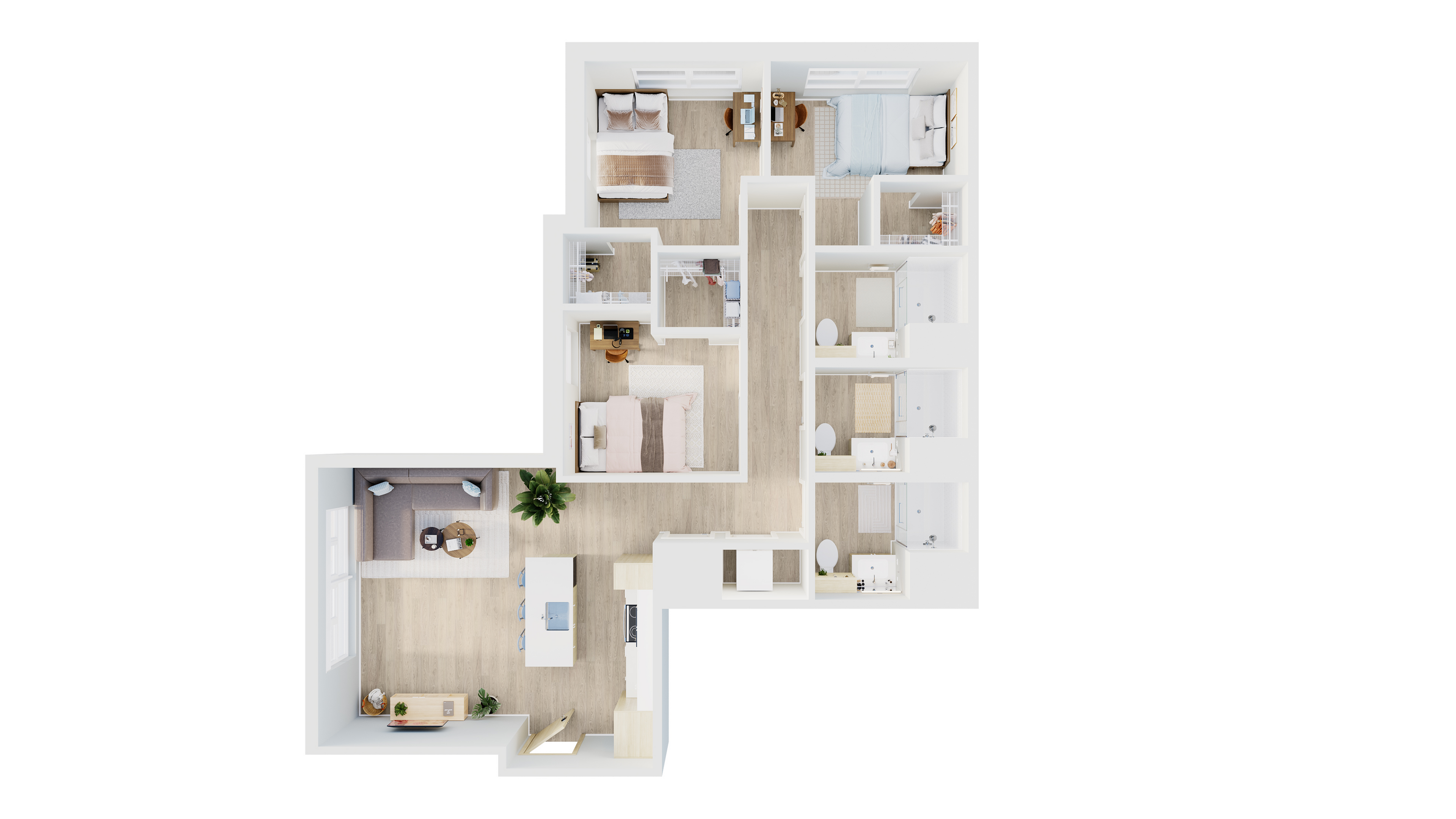 Modern apartment floor plan with three bedrooms, an inviting open-concept living area, spacious kitchen, and two elegant bathrooms.