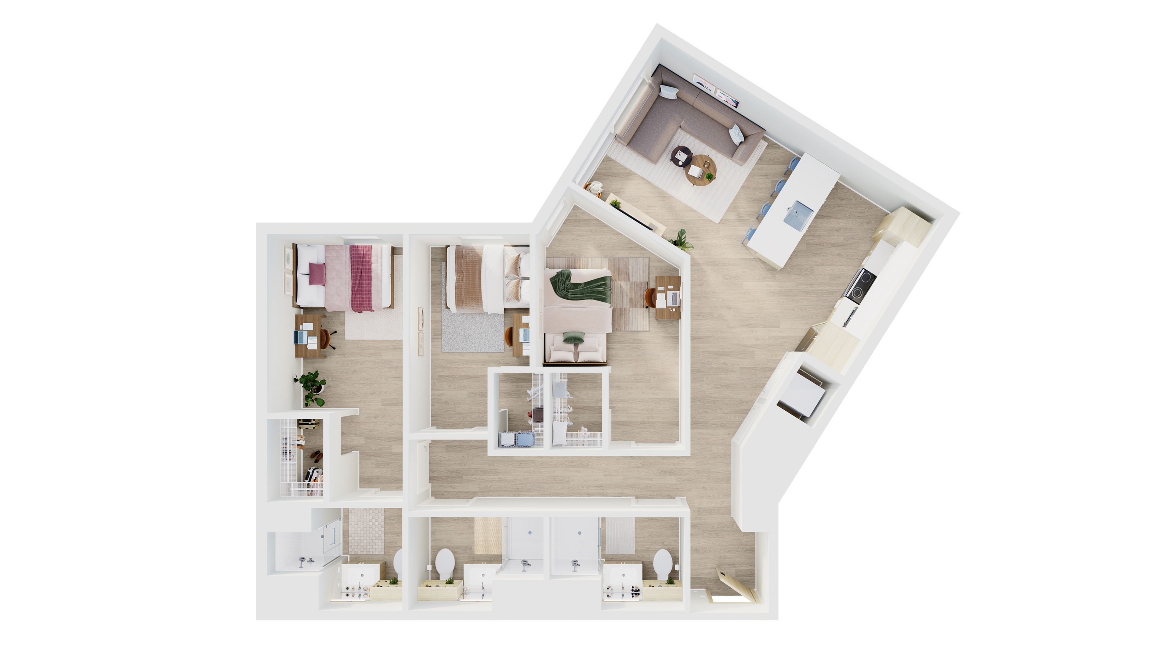 Elegant 3D floor plan showcasing two cozy bedrooms, a stylish open-concept living room, and a modern kitchen with island seating.
