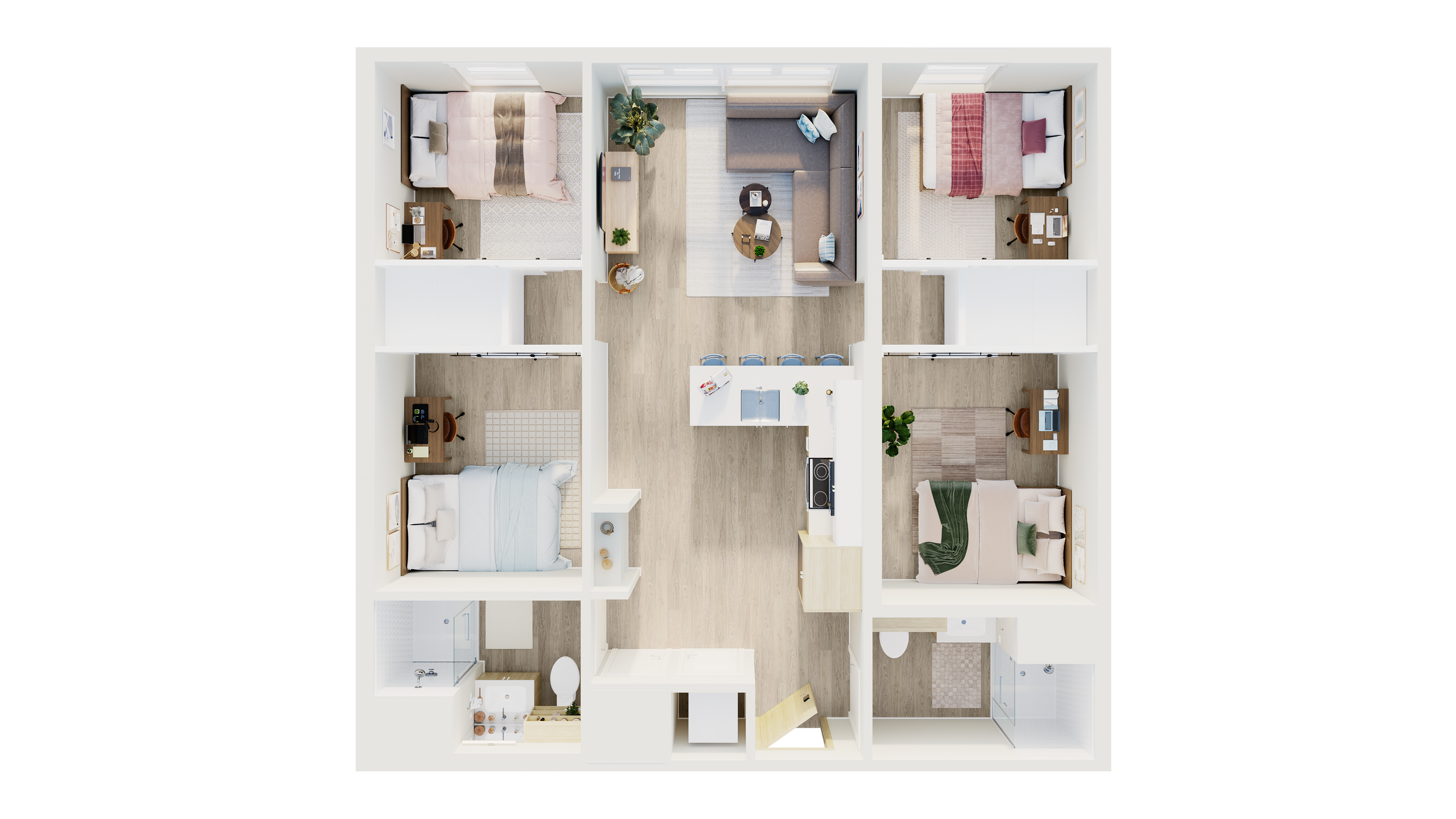 Elegant 3-bedroom floor plan featuring an open living area, modern kitchen with breakfast bar, and cozy sleeping spaces.