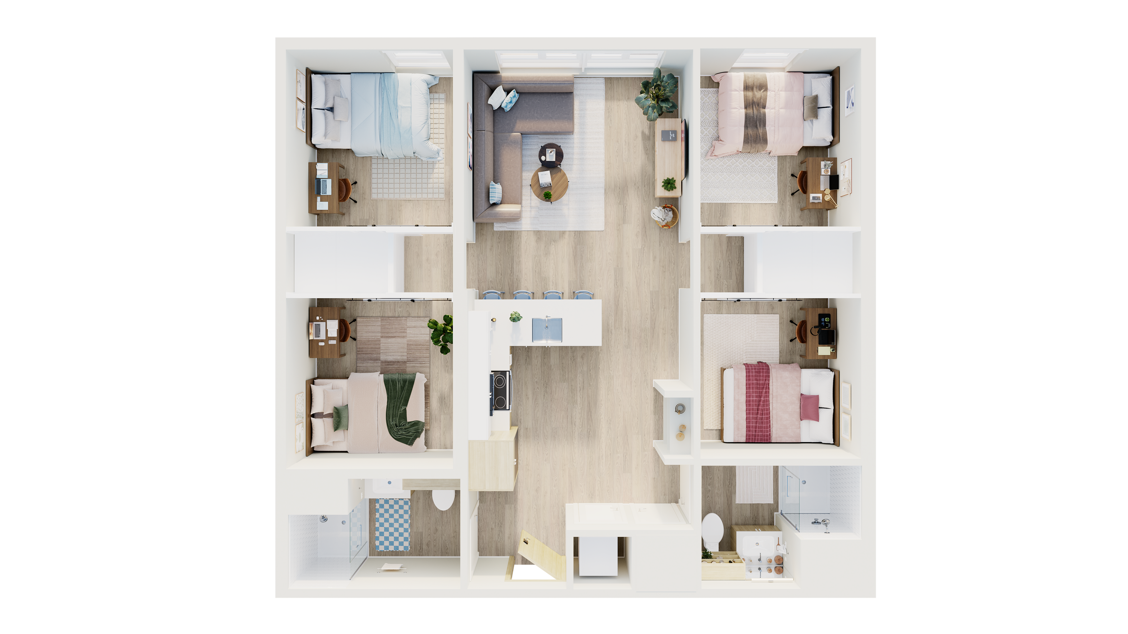 Contemporary 3-bedroom floor plan with a stylish open-concept living and dining area, modern kitchen with island seating, and two sleek bathrooms.