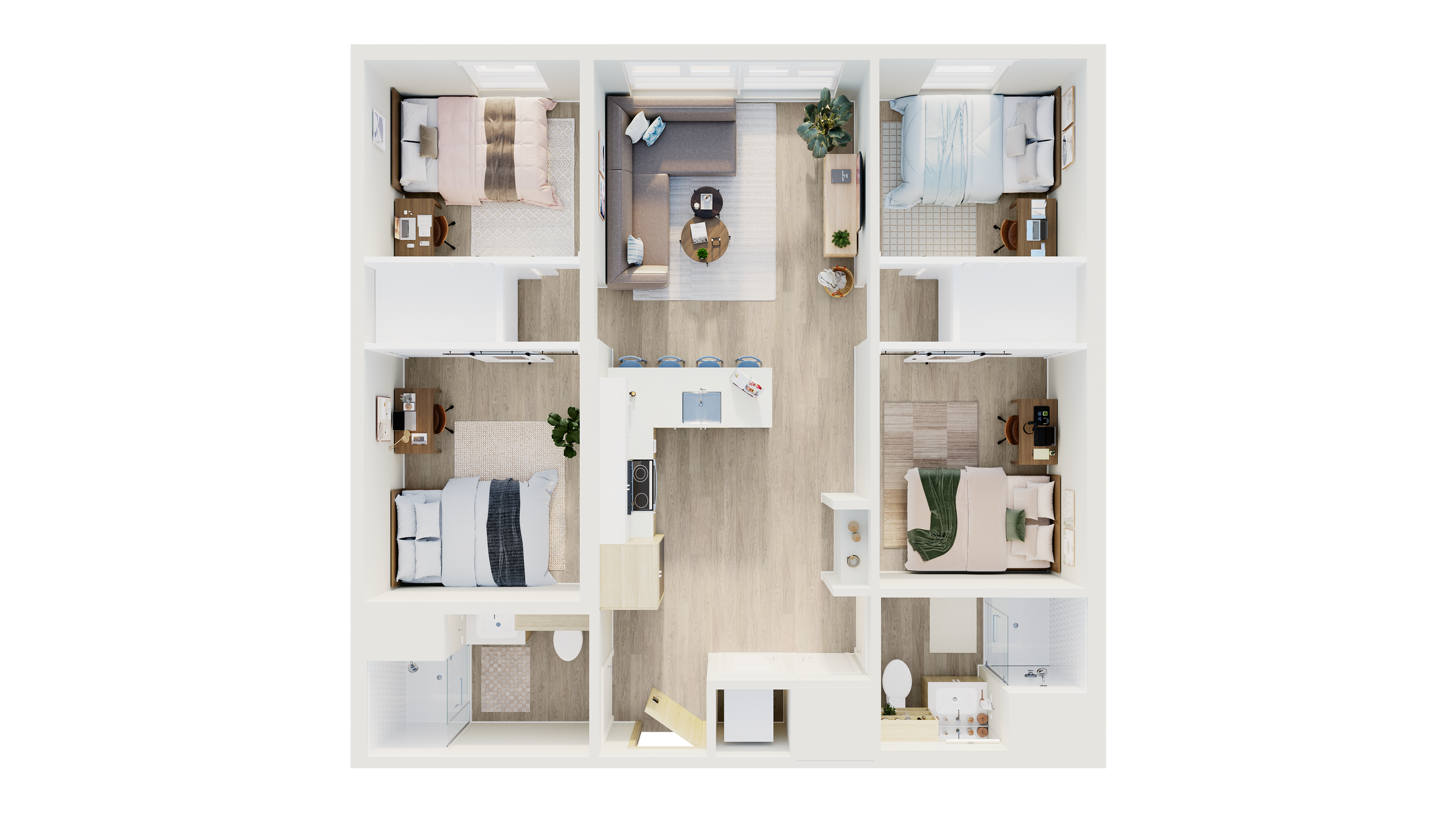 Modern 3-bedroom apartment with open-concept living room, sleek kitchen, and two stylish bathrooms. Ideal for contemporary living with cozy spaces and elegant design.