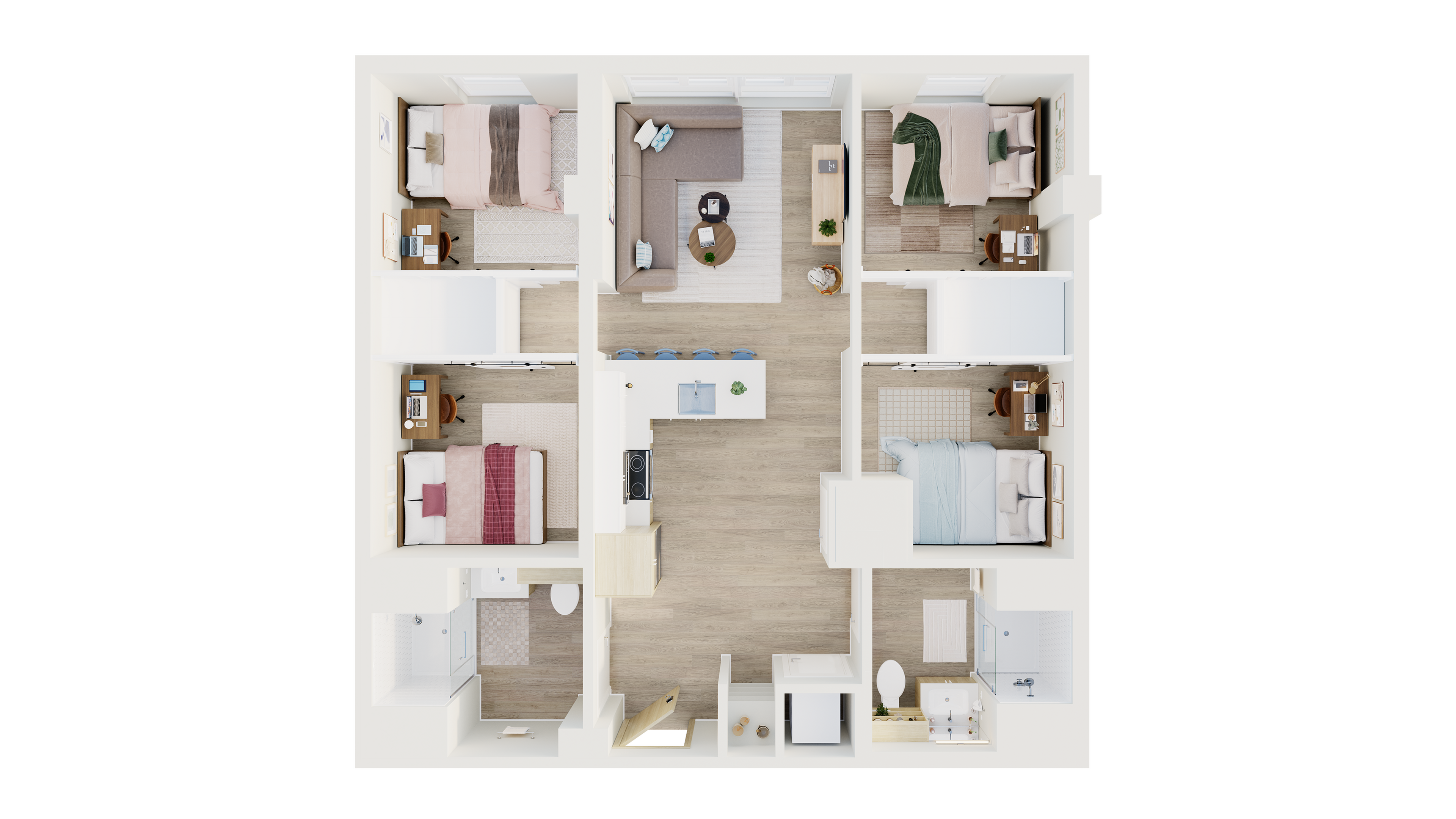 Contemporary floor plan showcasing a four-bedroom apartment with an open living area, modern kitchen, and two bathrooms, perfect for stylish urban living.