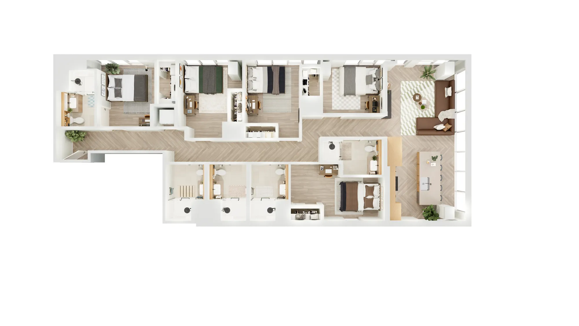 Modern floor plan showcasing 4 bedrooms, spacious open-concept living area, stylish kitchen, and multiple bathrooms for contemporary living.