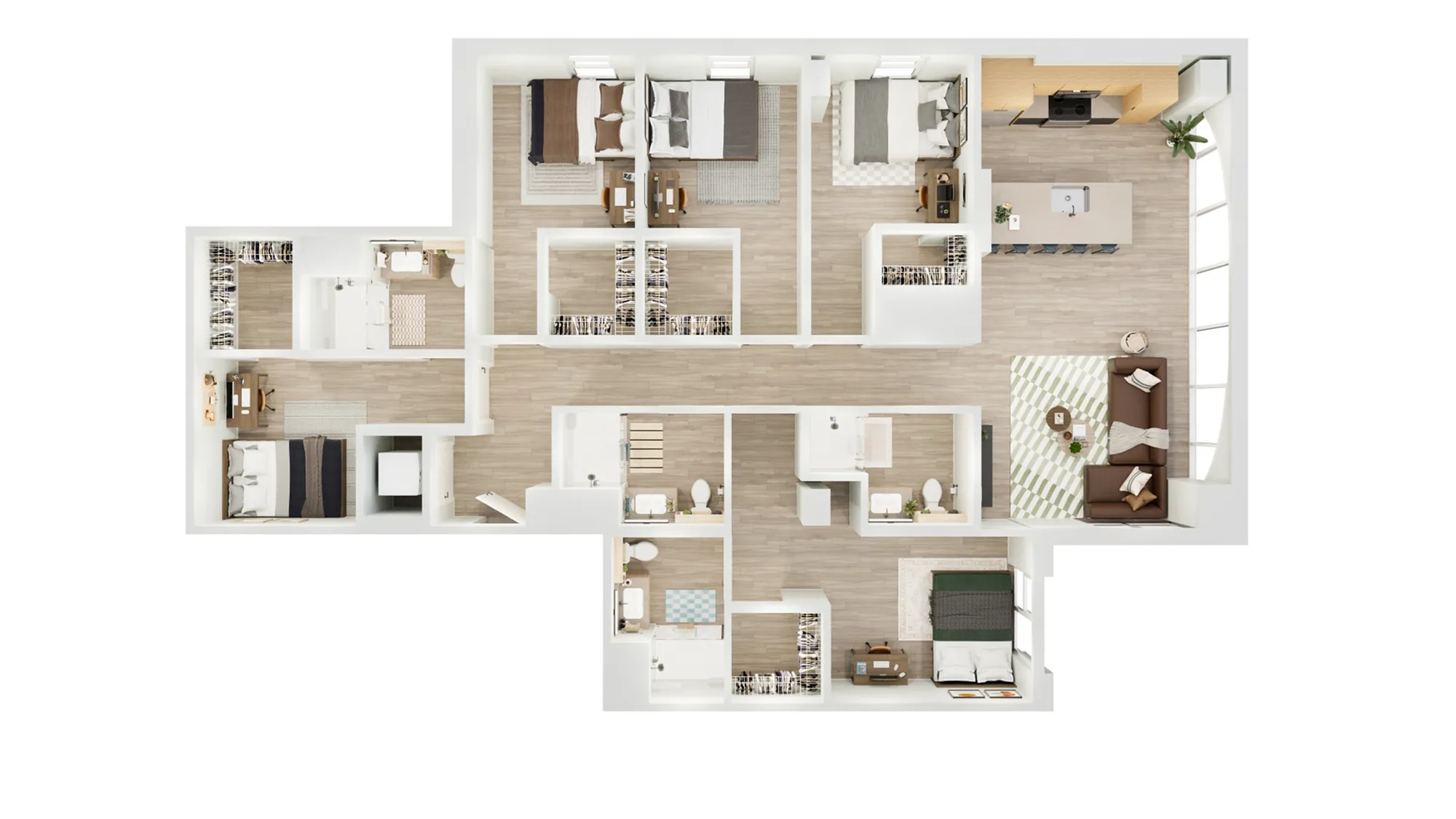 Expansive 3D floor plan displaying four bedrooms, a sleek kitchen with an island, and a cozy living area with large windows for natural light.