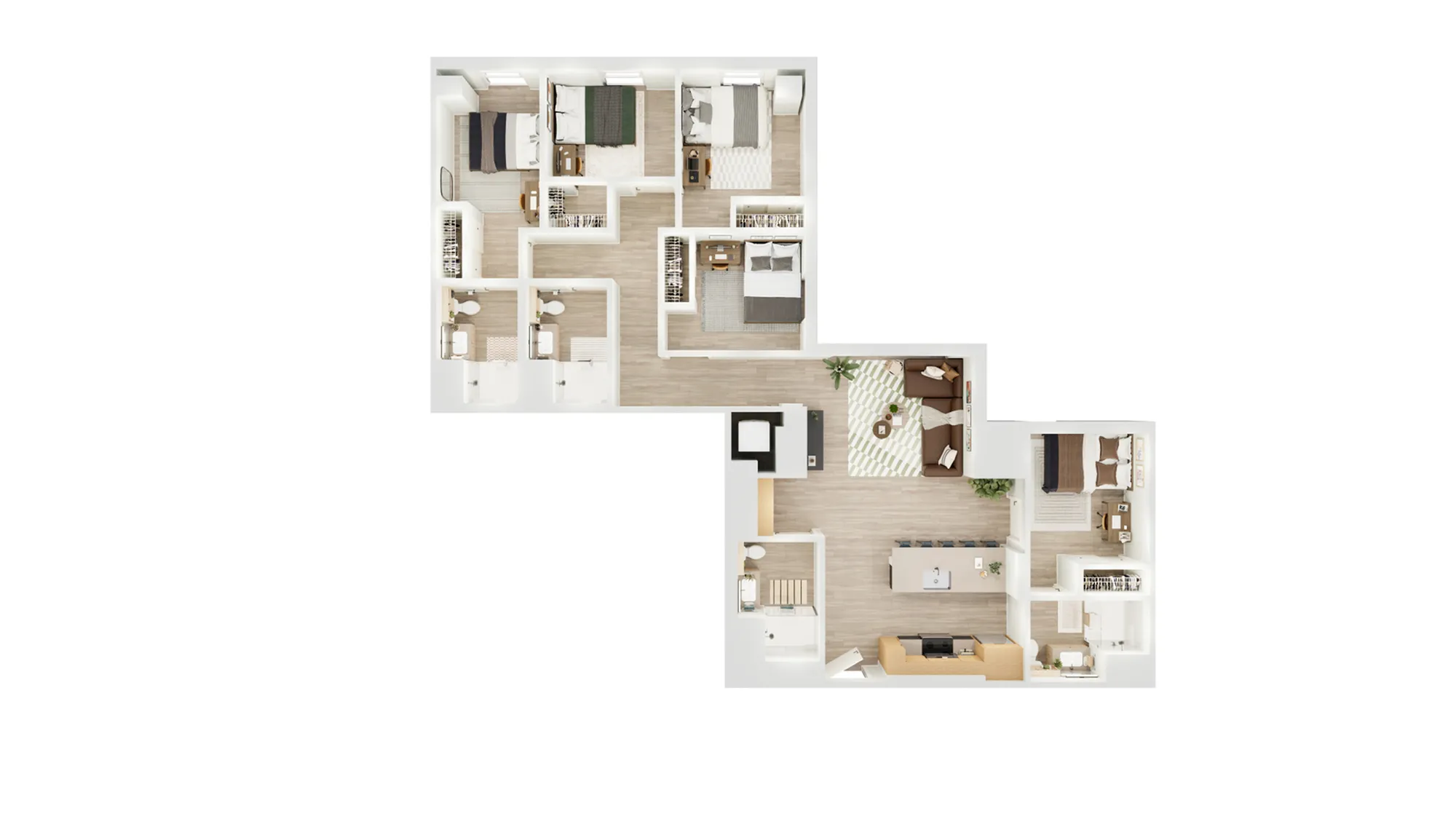 Elegant 3-bedroom apartment floor plan with modern open-concept kitchen, inviting living space, and two chic bathrooms.