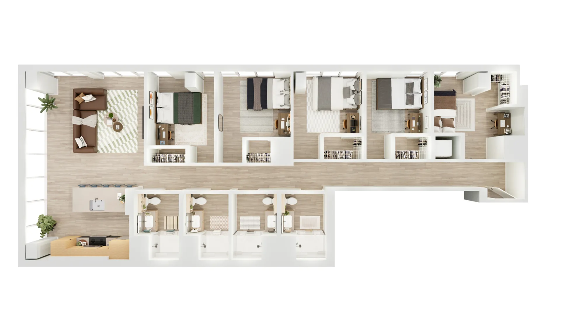 Modern, spacious floor plan featuring 5 bedrooms, open living and kitchen area, and multiple bathrooms.
