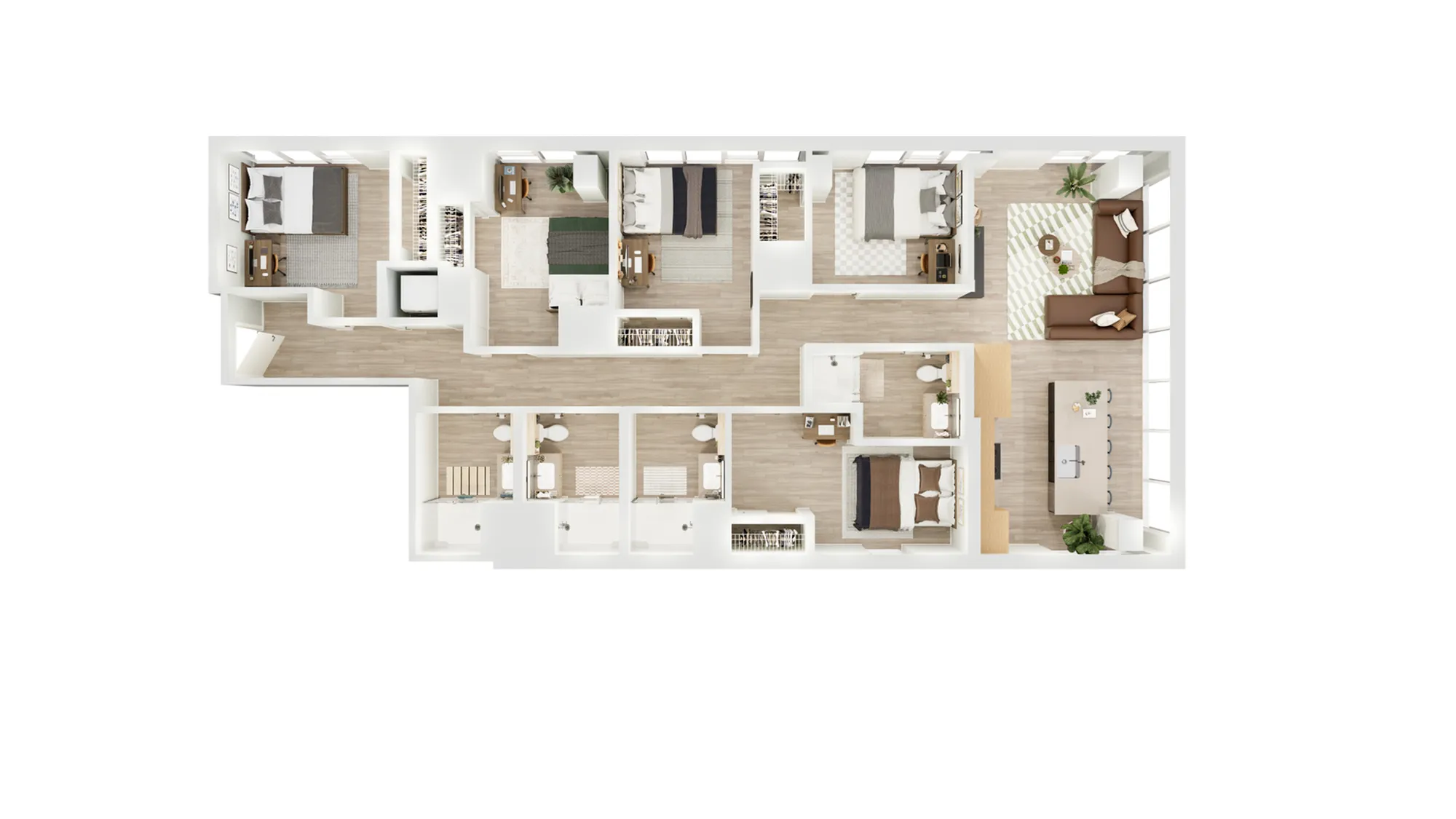 Modern floor plan showcasing four spacious bedrooms, a cozy living area, and an elegant open-concept kitchen with large windows, perfect for natural light enthusiasts.