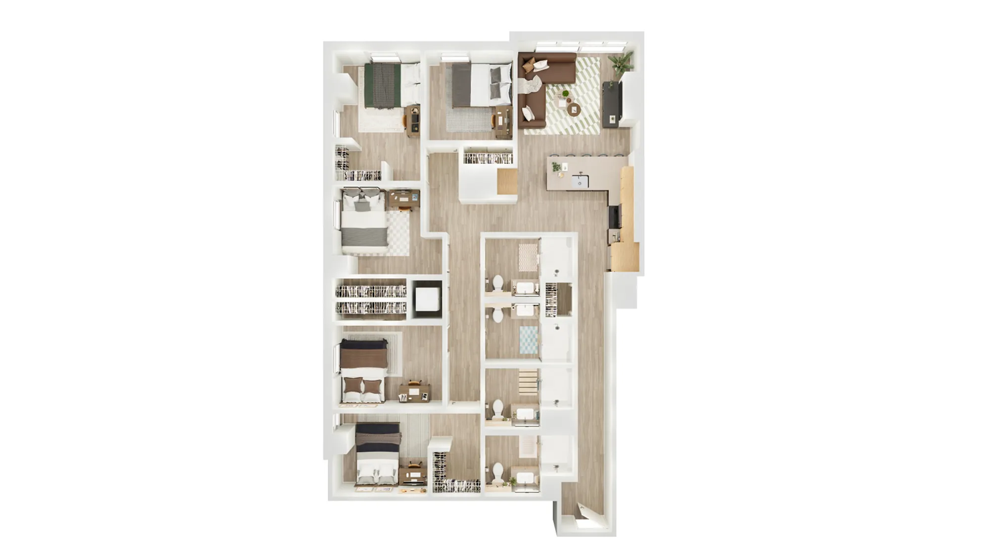 Sleek floor plan showcasing four bedrooms, two modern bathrooms, an open-concept living room, and a contemporary kitchen. Ideal for stylish living.