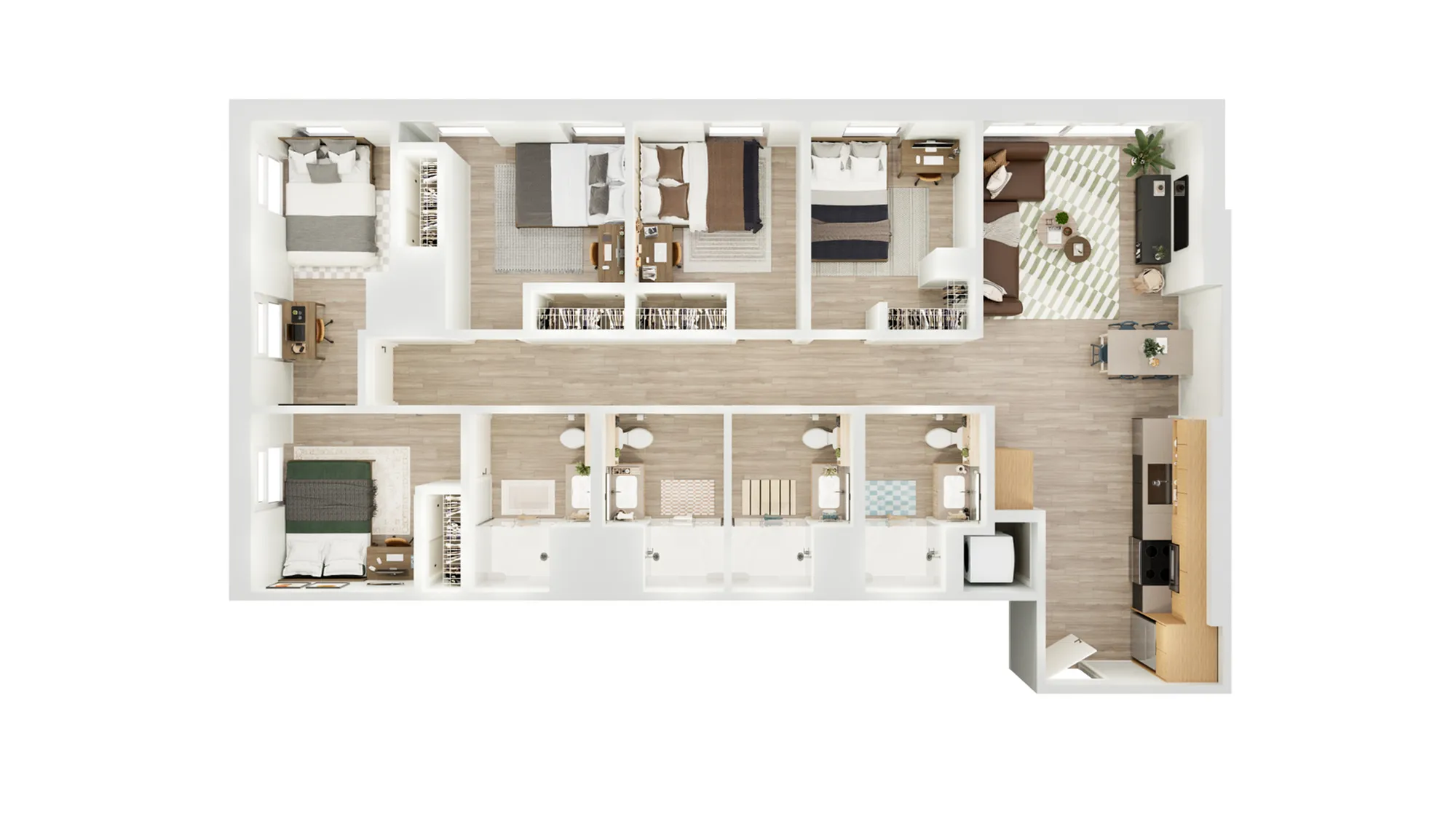 Modern apartment floor plan featuring four comfortable bedrooms, open living and dining area, stylish kitchen, and multiple bathrooms for convenience.