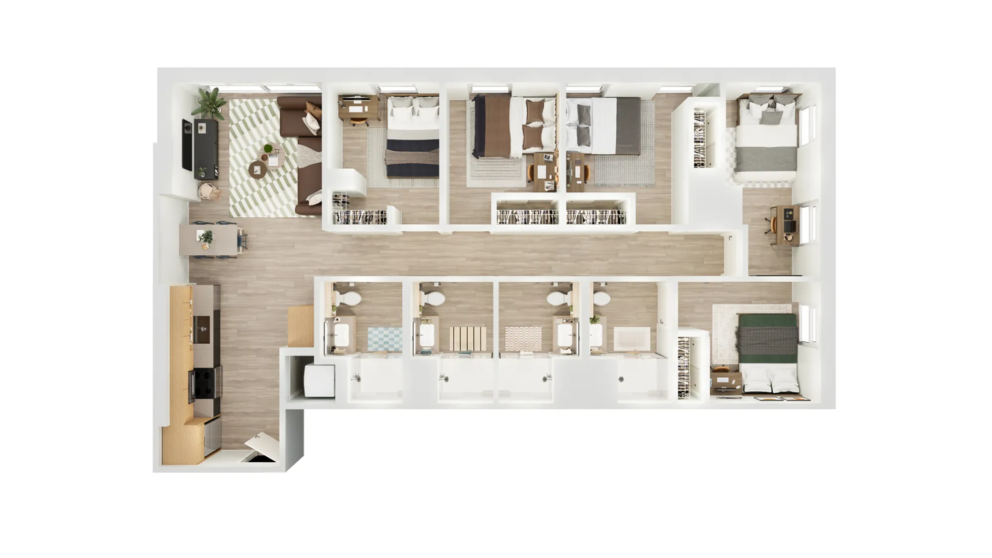 Modern 3D floor plan showcasing four bedrooms, a large open living area adjacent to a fully equipped kitchen, and sleek bathrooms, offering a blend of comfort and style.