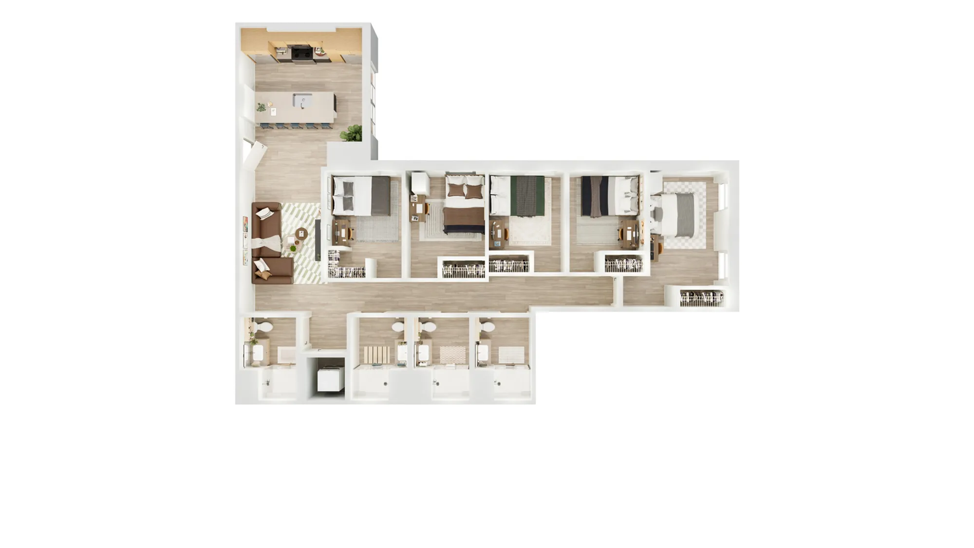 Sleek L-shaped floor plan featuring 4 bedrooms, a modern kitchen with island, cozy living area, and multiple bathrooms, ideal for spacious family living.
