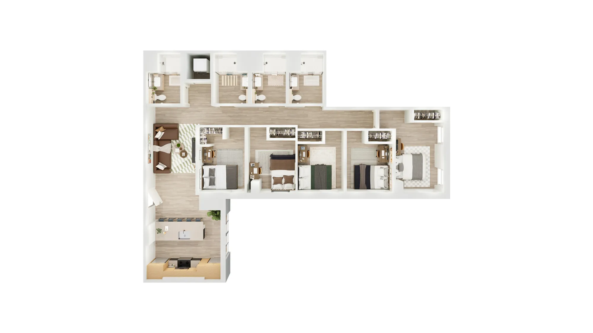Modern L-shaped floor plan showcasing 4 cozy bedrooms, an inviting open-plan living area, and a sleek kitchen design.