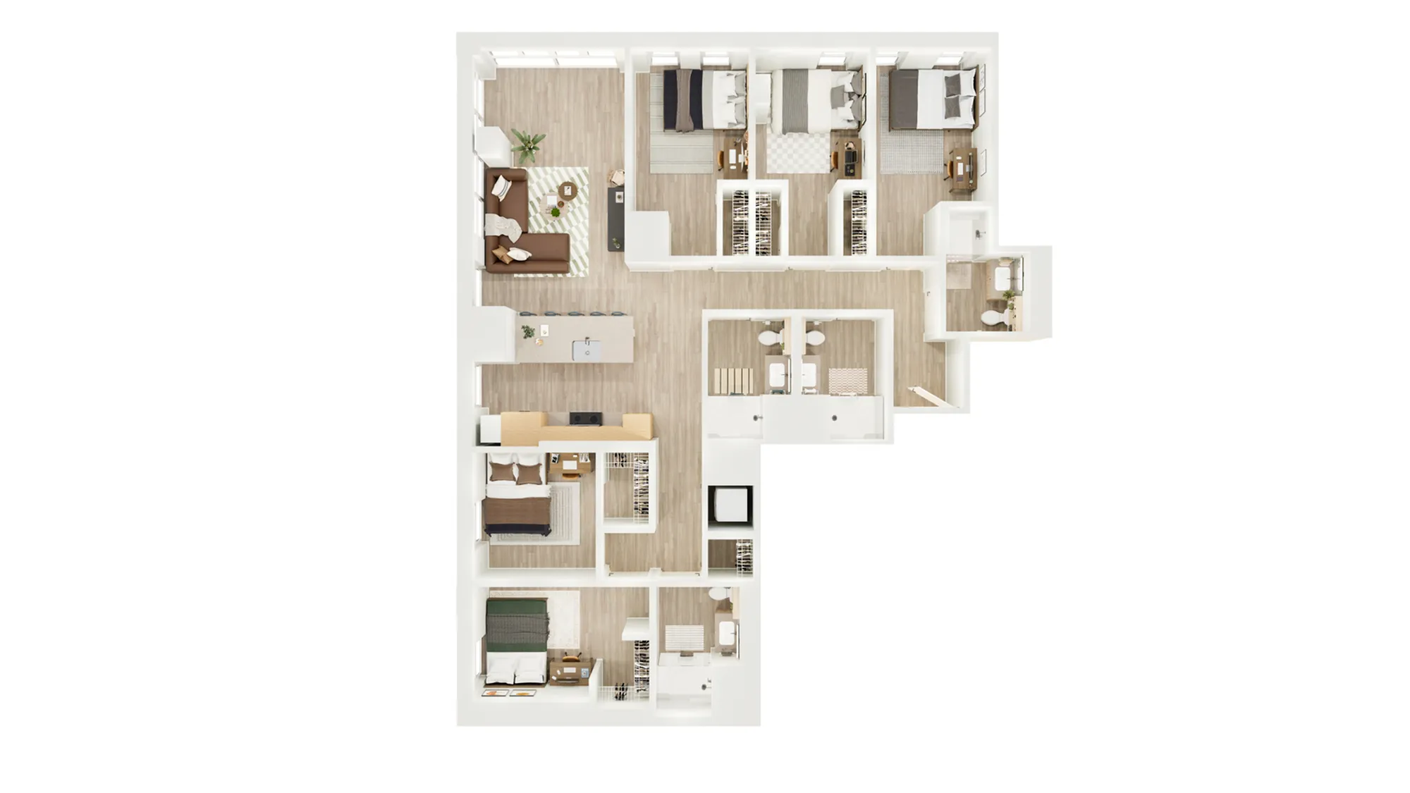 Elegant 2D floor plan featuring 3 cozy bedrooms, a spacious living area, an open kitchen with island, and modern bathrooms in a stylish layout.