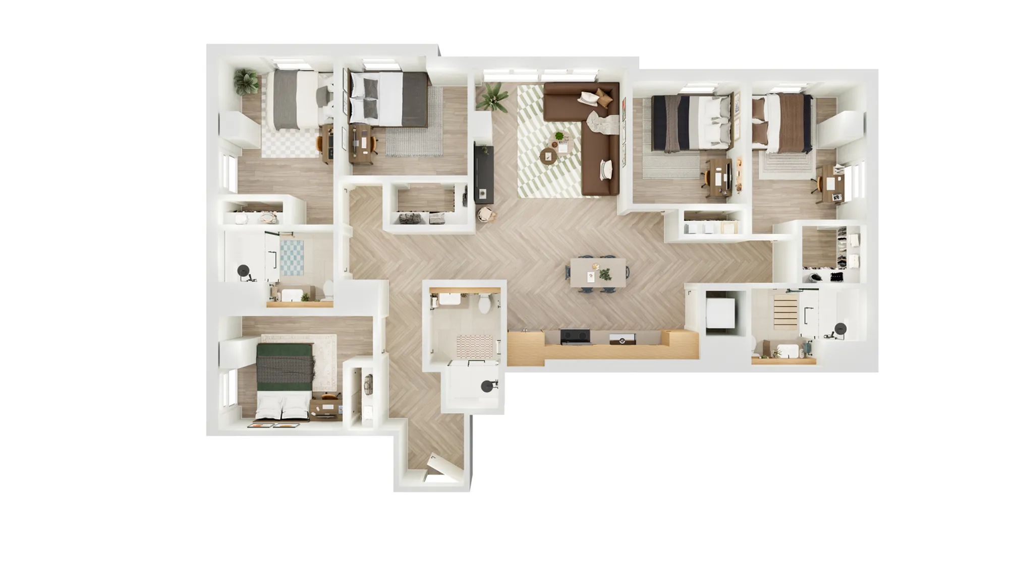 Contemporary 3D floor plan showcasing 4 bedrooms, open living-dining area, modern kitchen, and elegant bathrooms with natural wood flooring.