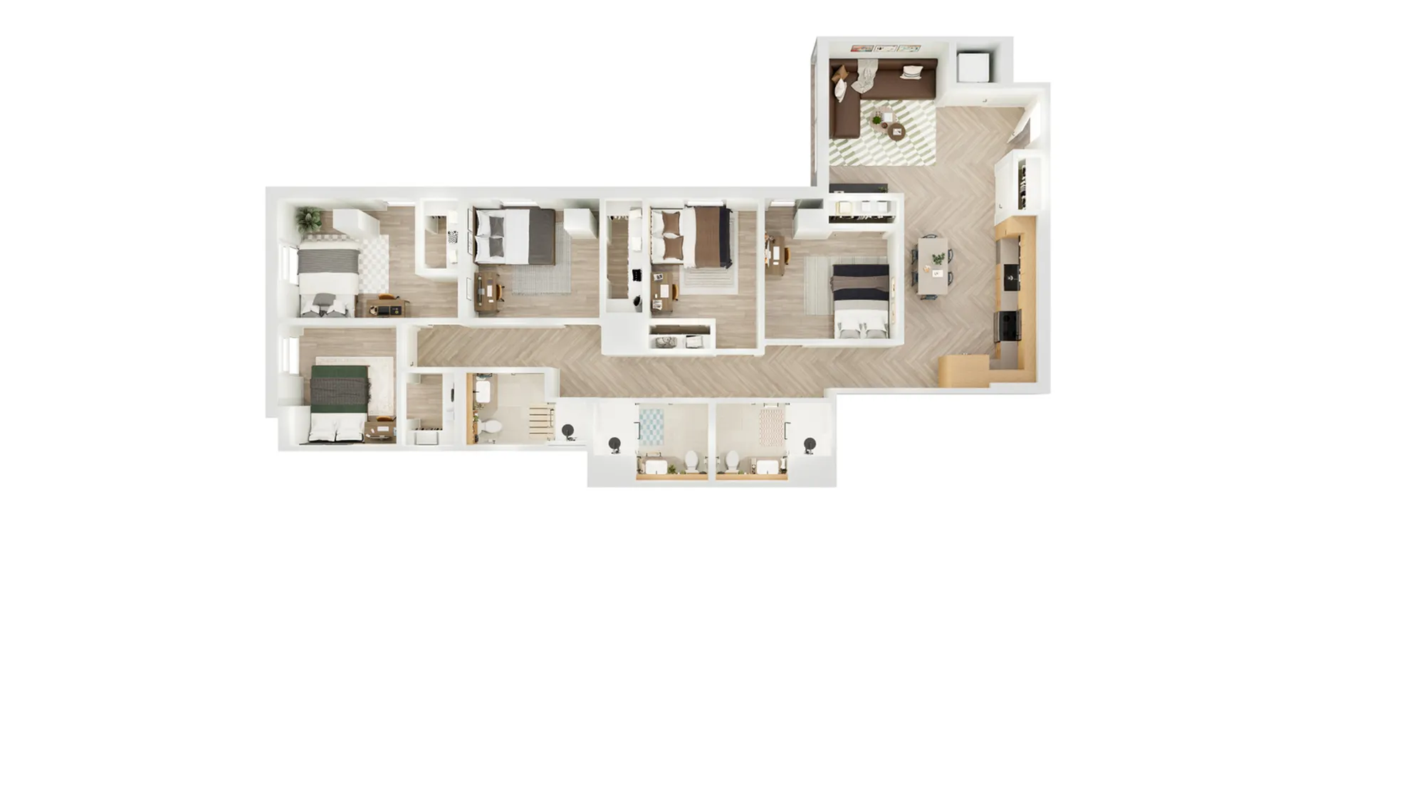 Elegant 3D floor plan showcasing 3 bedrooms, spacious living area, modern kitchen, and 2 bathrooms, designed for contemporary living.