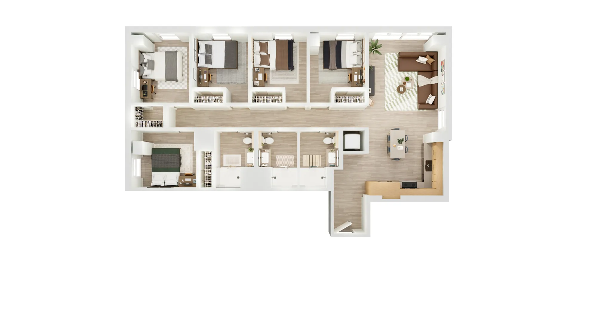 Modern apartment floor plan featuring 4 spacious bedrooms, a bright open-concept living area, and a stylish kitchen with dining space.