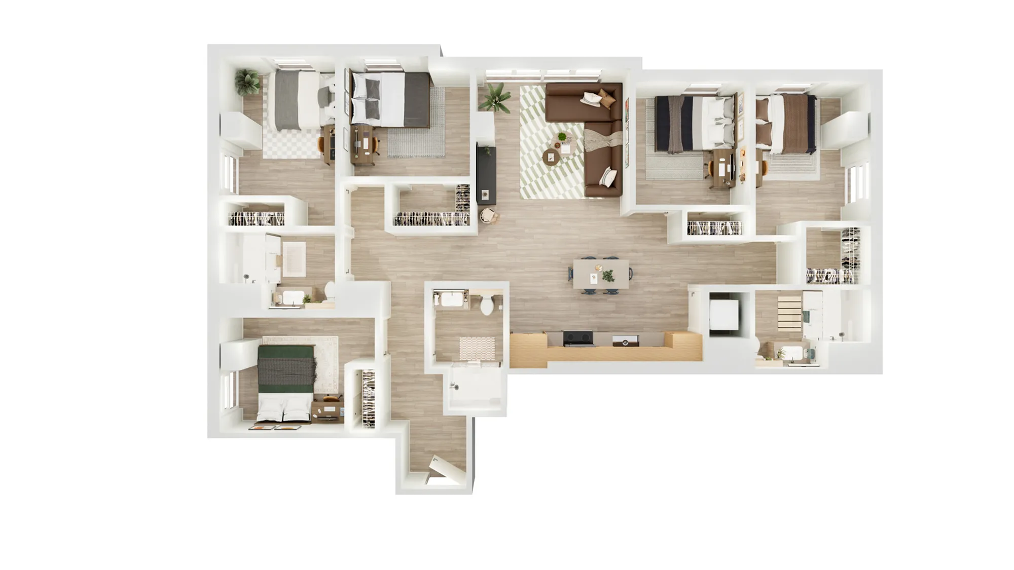 Modern 3D apartment floor plan featuring three spacious bedrooms, a welcoming open-concept living and dining area, and a sleek kitchen with an island.