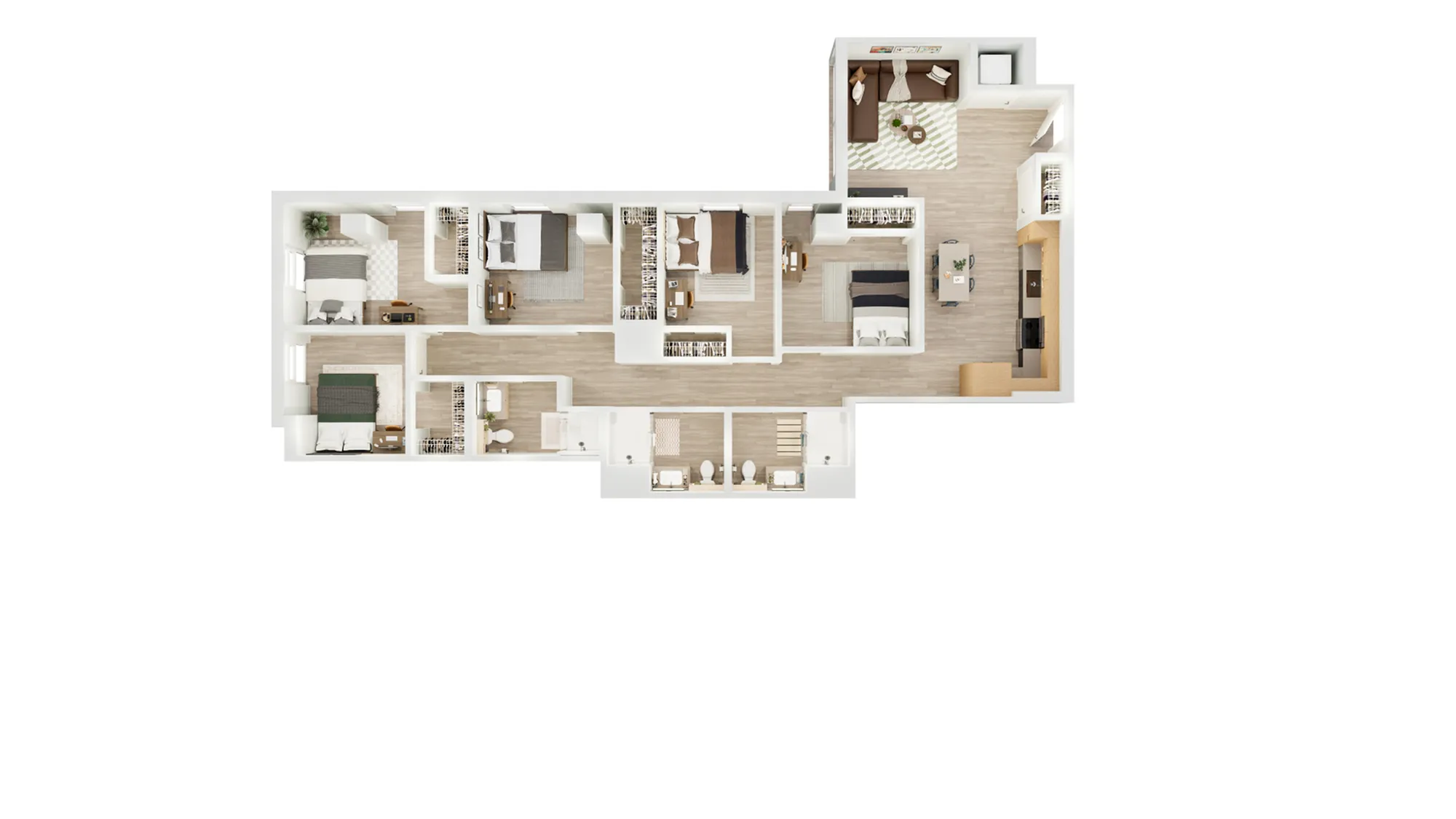 Modern and spacious 3-bedroom floor plan featuring an open-concept living and dining area, stylish kitchen, and multiple bathrooms.
