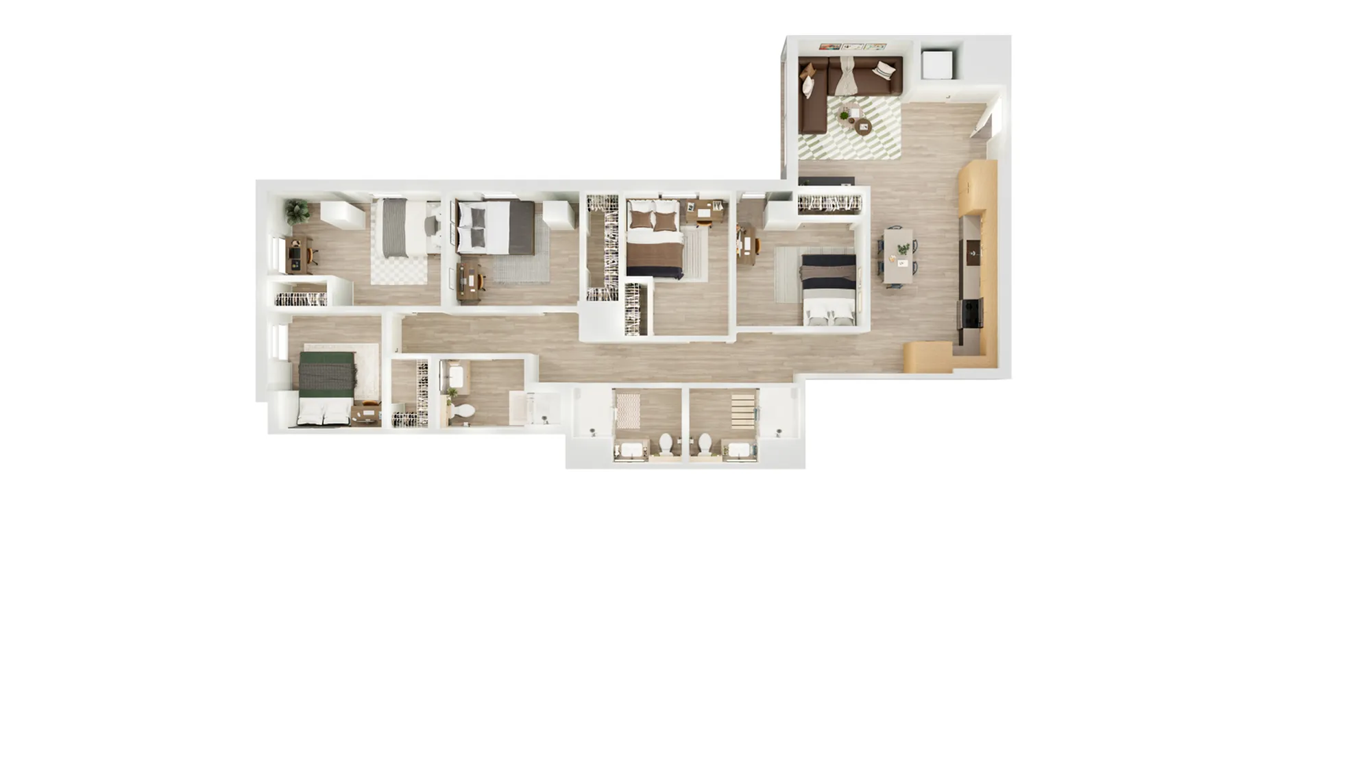 Elegant and spacious floor plan featuring three bedrooms, two bathrooms, an open kitchen, and a cozy living area.