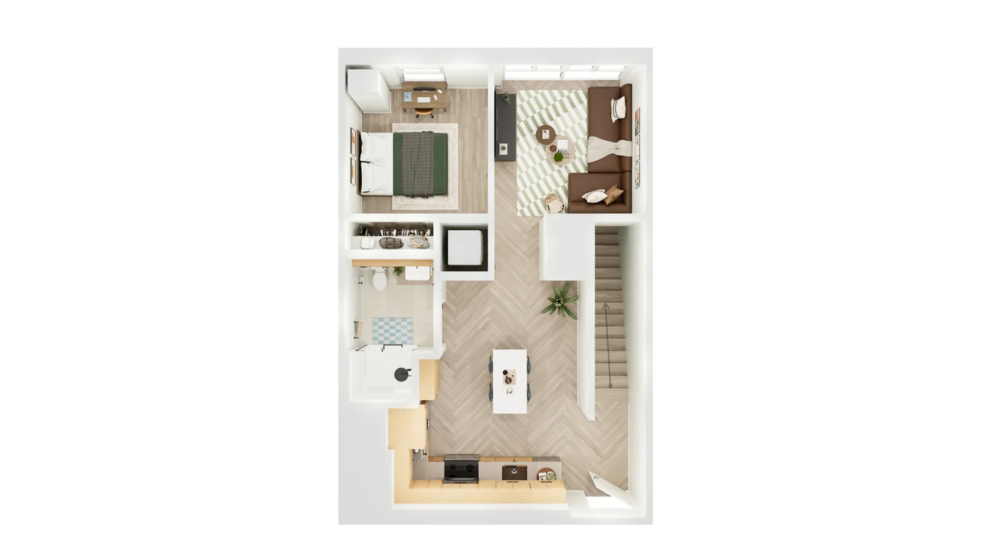 Beautiful 3D apartment layout showcasing a cozy bedroom, inviting living room, modern kitchen, and elegant dining area with stylish flooring.