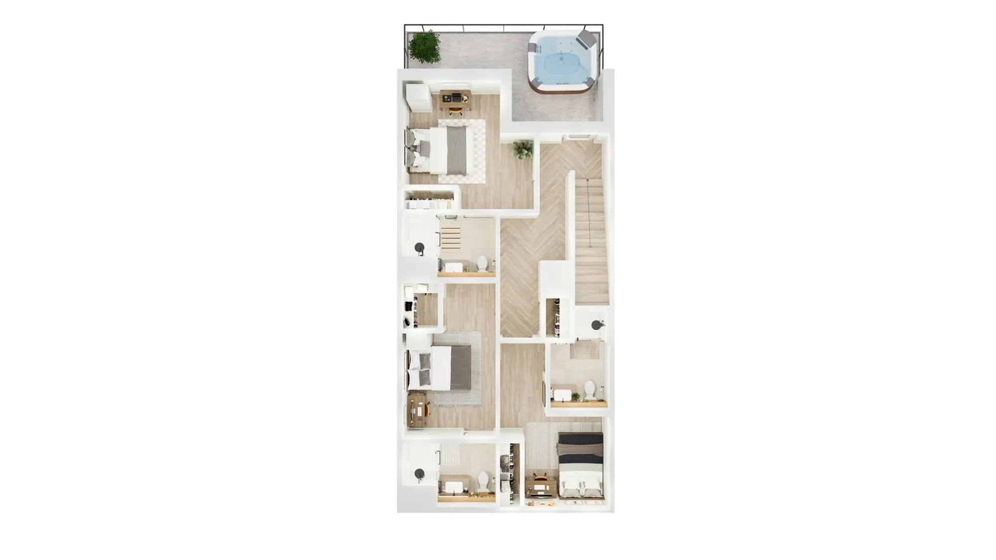 Elegant floor plan showcasing 3 bedrooms, modern living space, and outdoor jacuzzi.