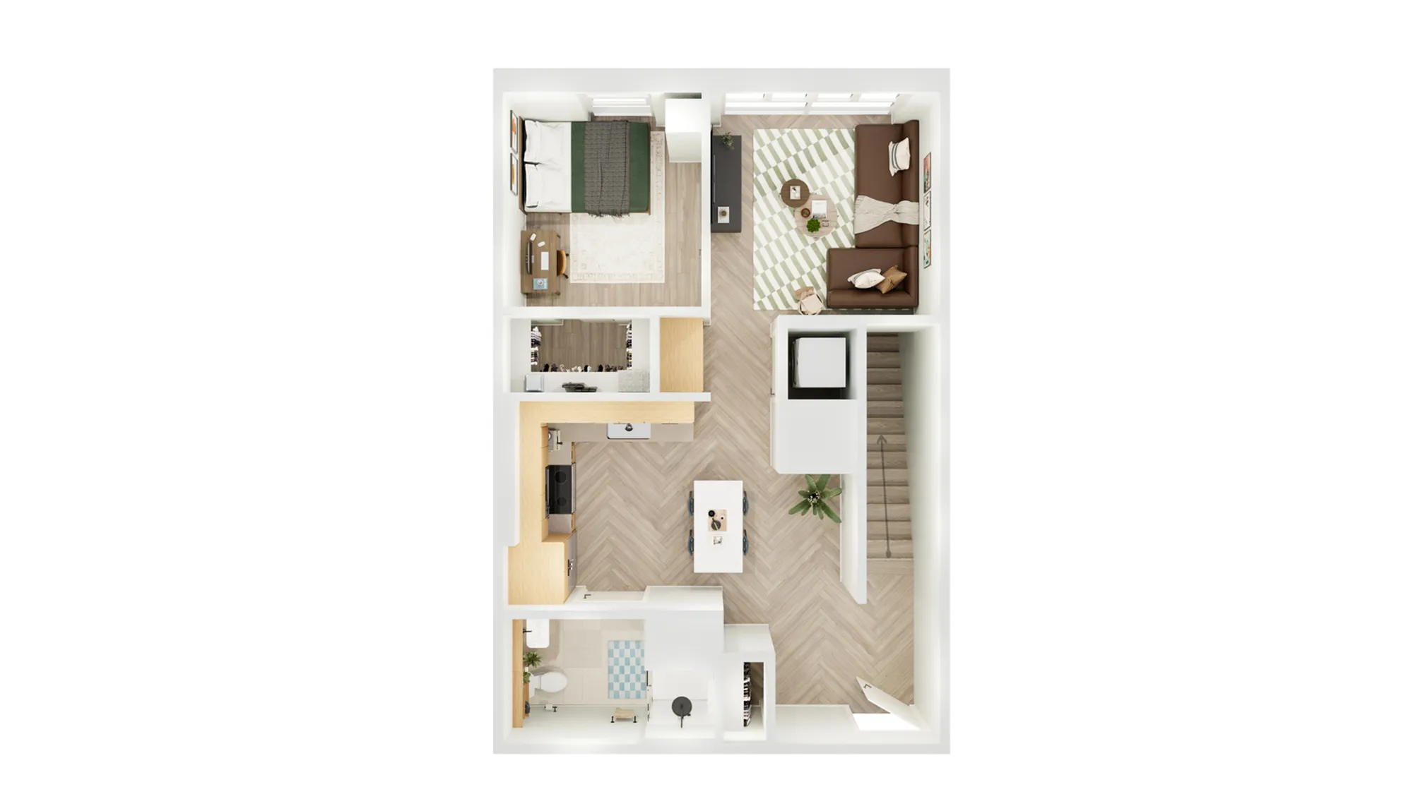 Modern 3D floor plan featuring a spacious bedroom, cozy living room, stylish kitchen, and elegant bathroom layout.