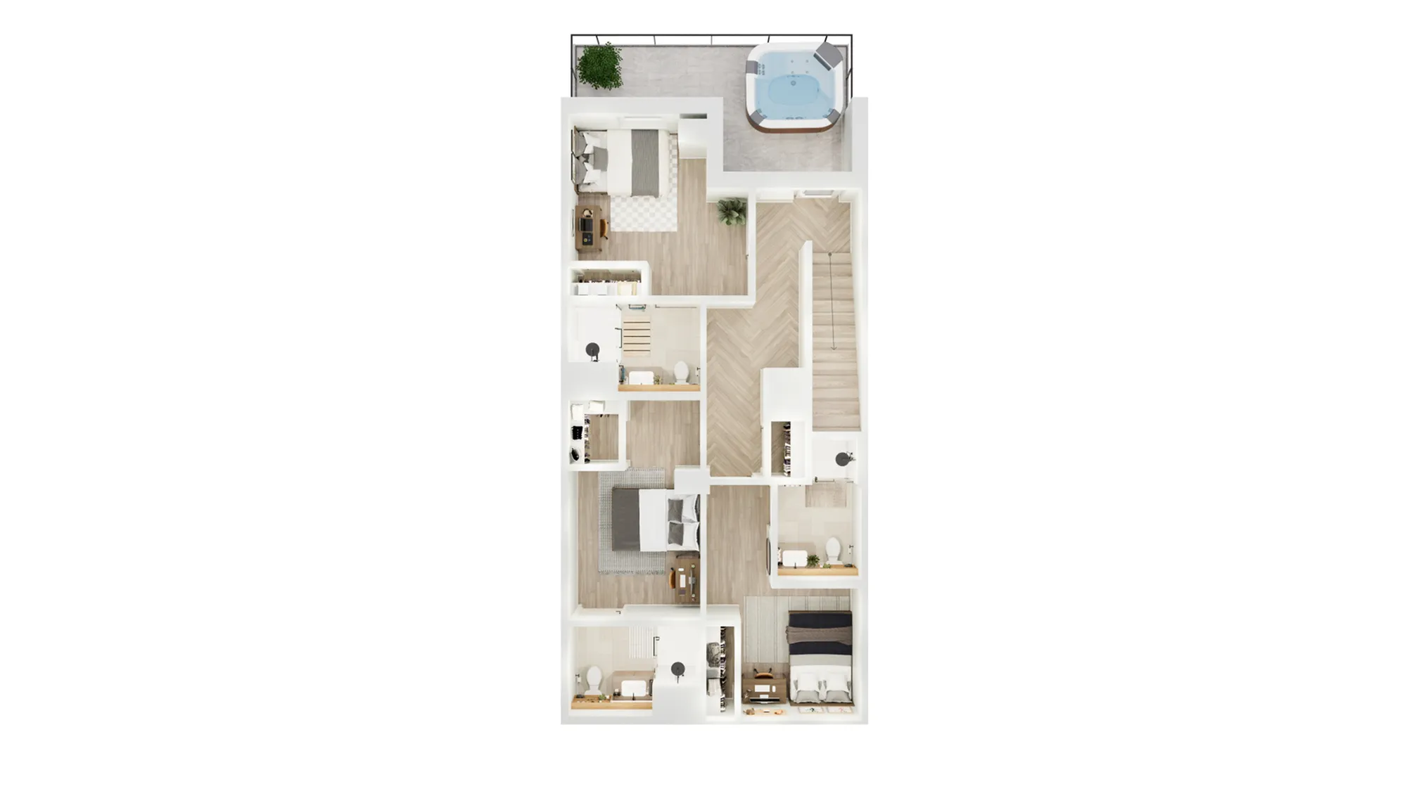 Modern floor plan featuring three bedrooms, two bathrooms, spacious living area, and a private balcony with hot tub.