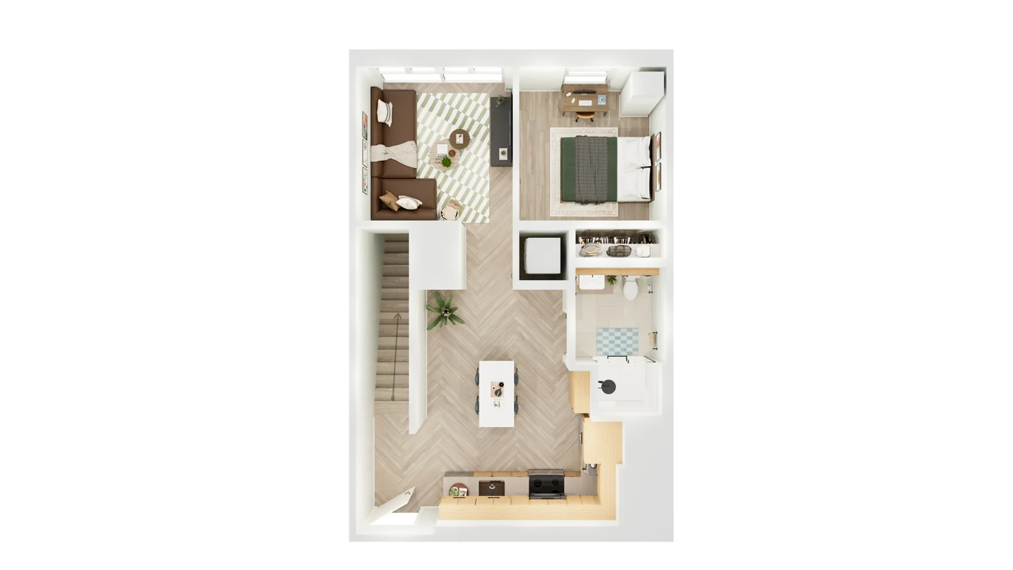 Inviting floor plan featuring an elegant living room, cozy bedroom, modern kitchen, and a sleek bathroom layout.