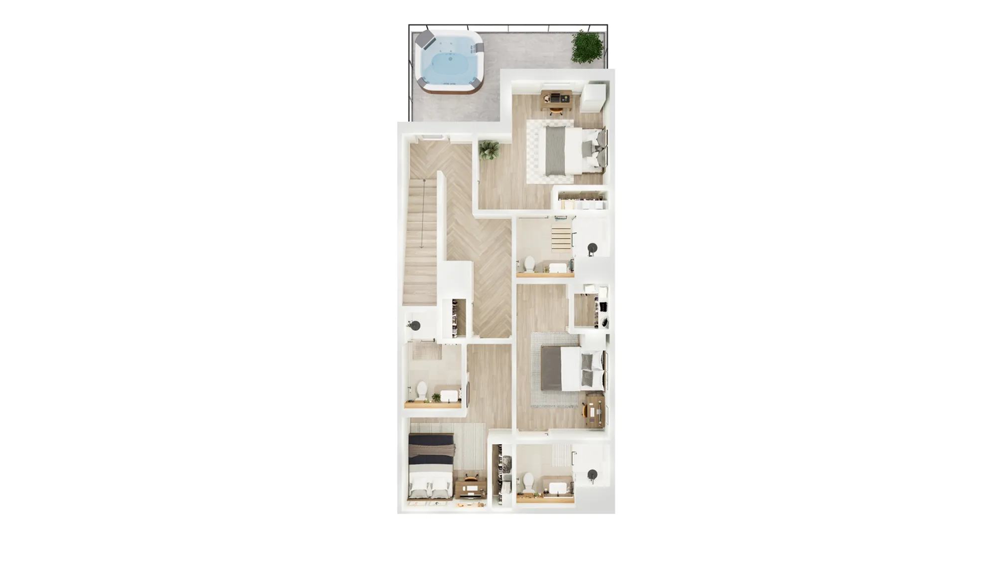 Contemporary 3-bedroom floor plan with two bathrooms, featuring a stylish open-concept design, and a private outdoor patio with a hot tub.