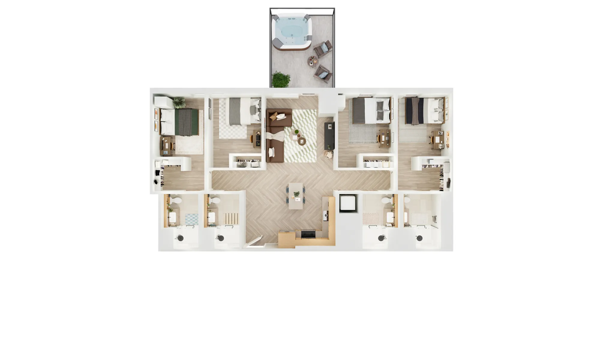 Contemporary apartment floor plan showcasing 3 bedrooms, a stylish living area, and two luxury bathrooms with a private balcony.