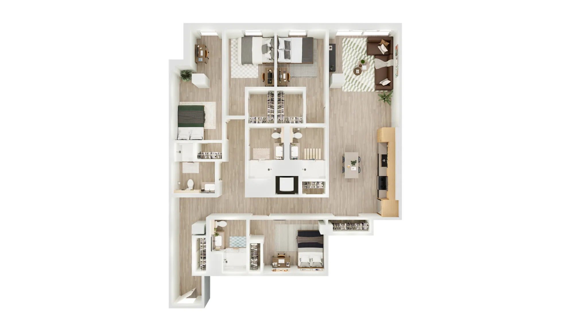 Modern 3D floor plan showcasing three spacious bedrooms, a sleek open-concept living area with adjacent kitchen, and contemporary design elements.