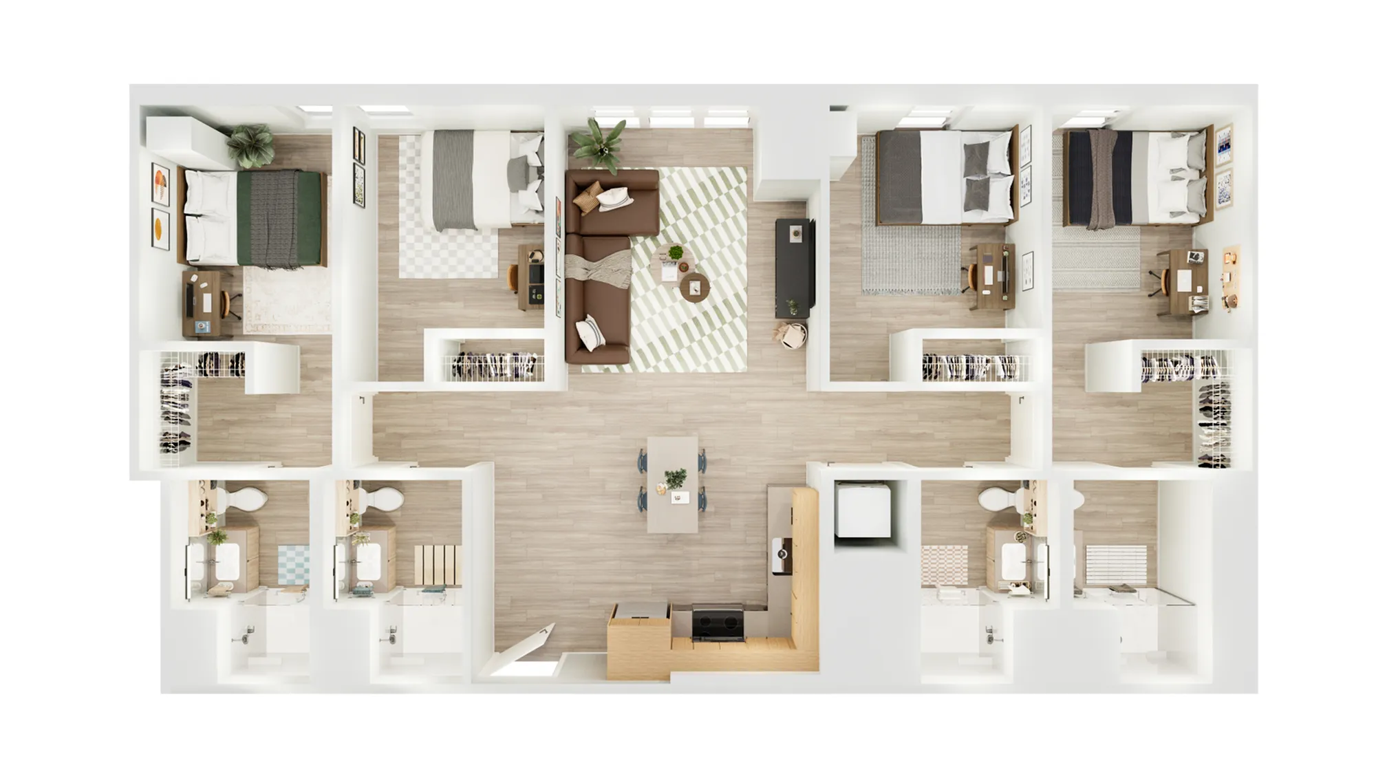 Elegant floor plan displaying three spacious bedrooms, a cozy living room, and an inviting open kitchen with dining area, perfect for modern living.